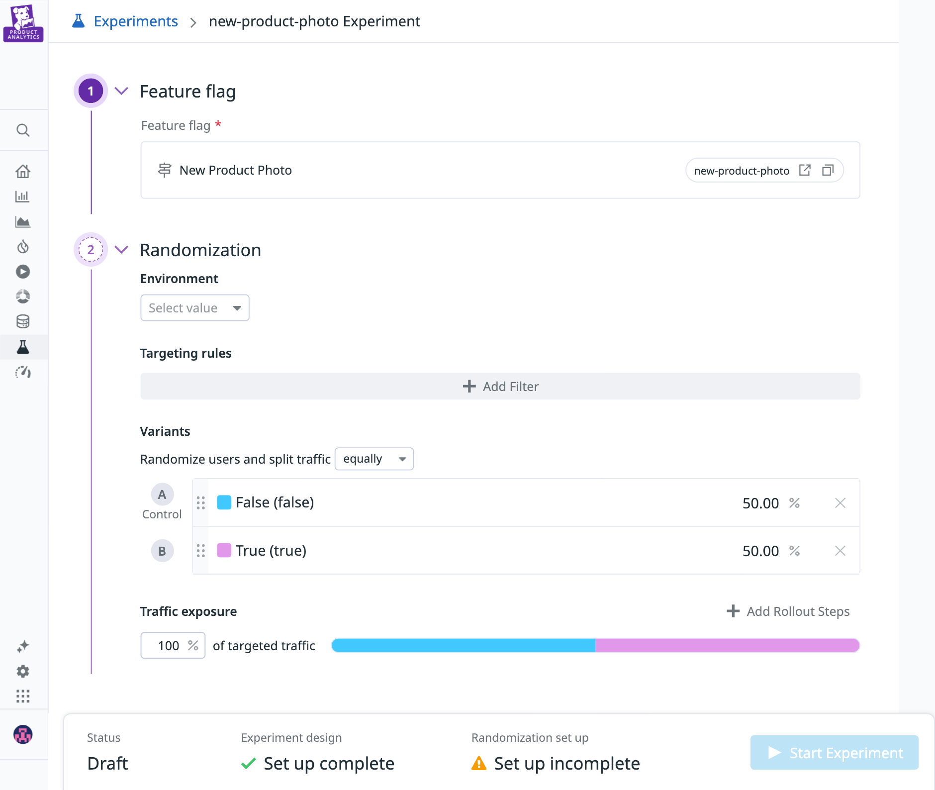 A screenshot of an experiment controlled from Datadog Feature Flags.