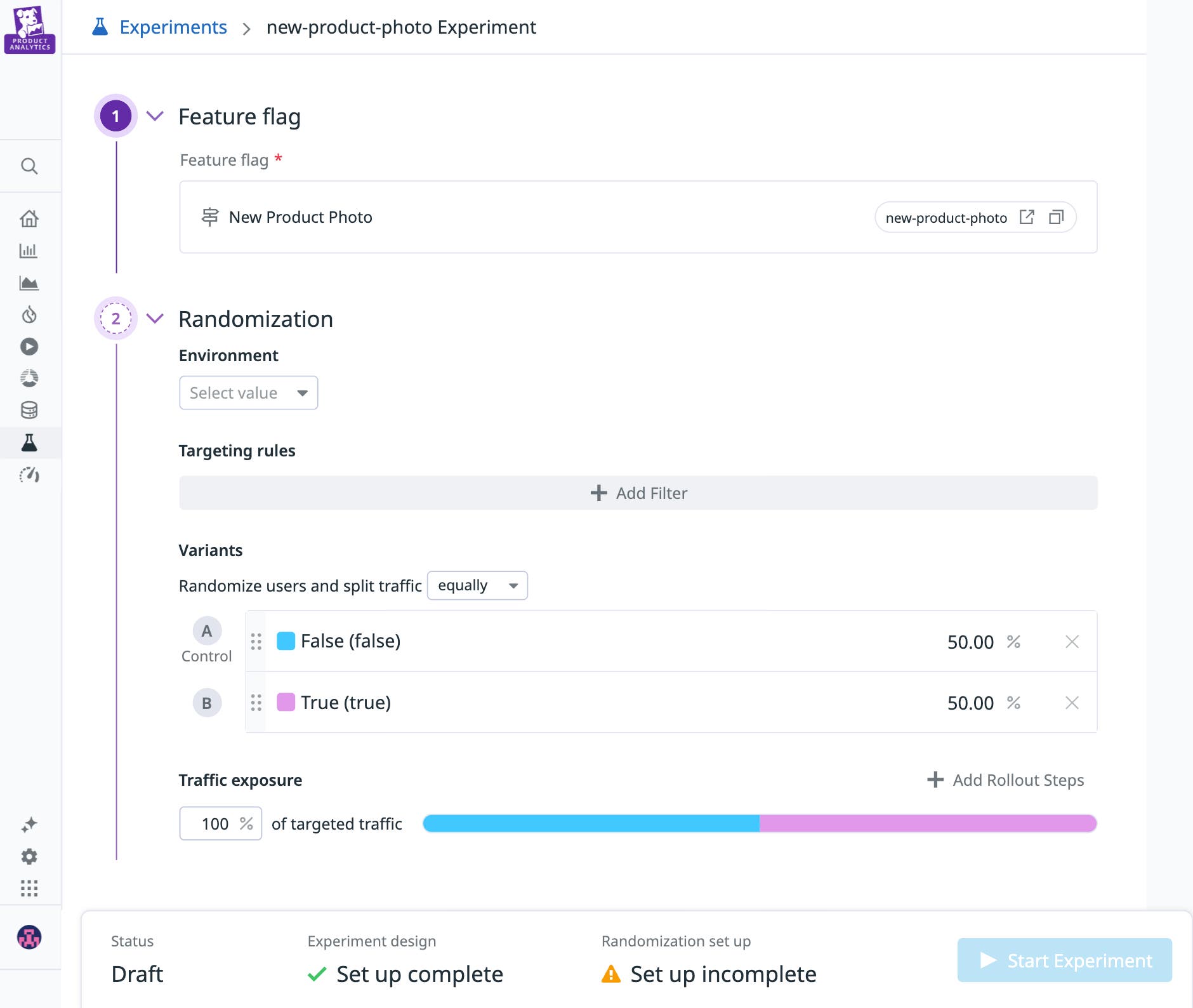 A screenshot of an experiment controlled from Datadog Feature Flags. A screenshot of an experiment controlled from Datadog Feature Flags.