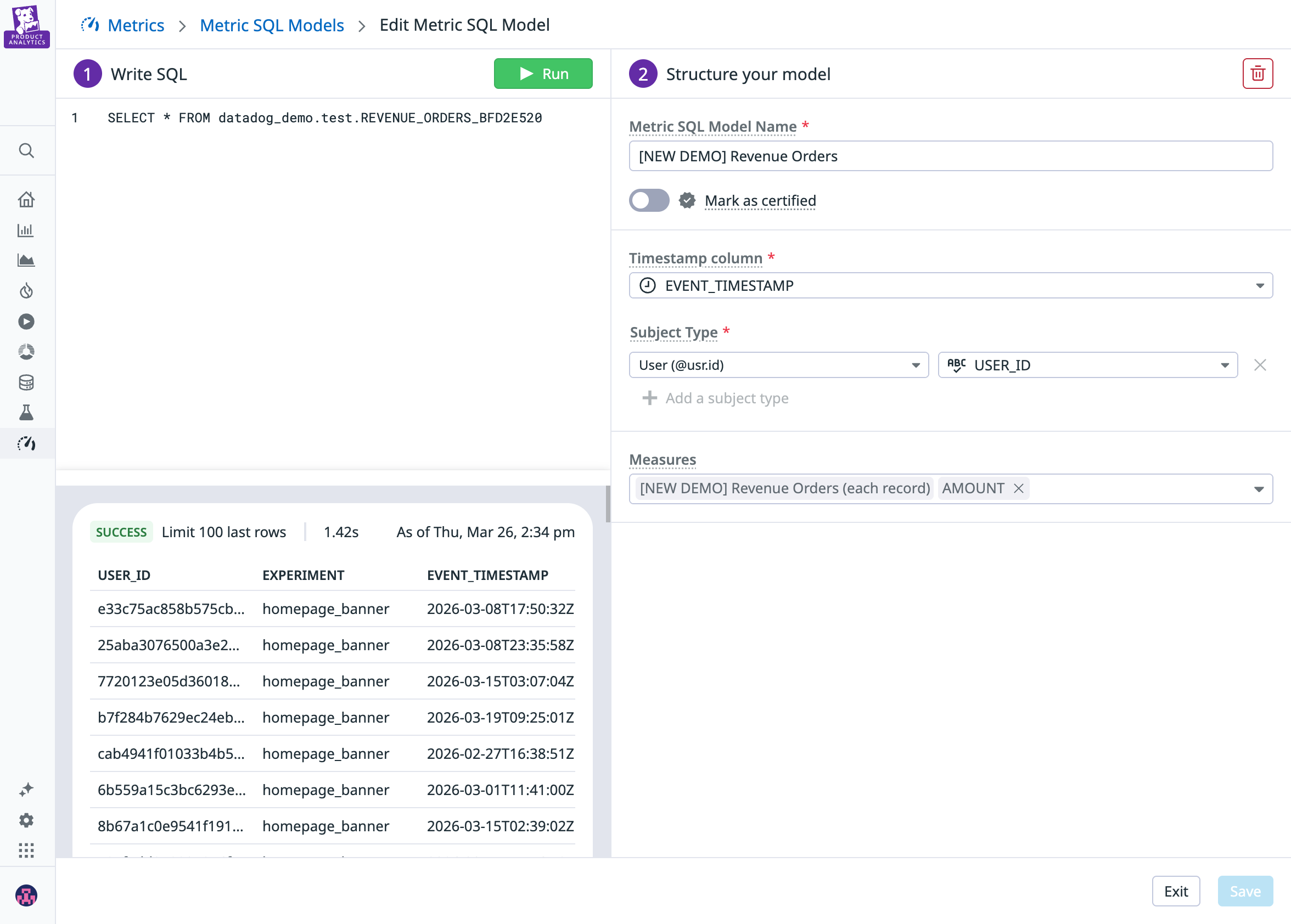 A screenshot of an analysis of business warehouse metrics for experiments.