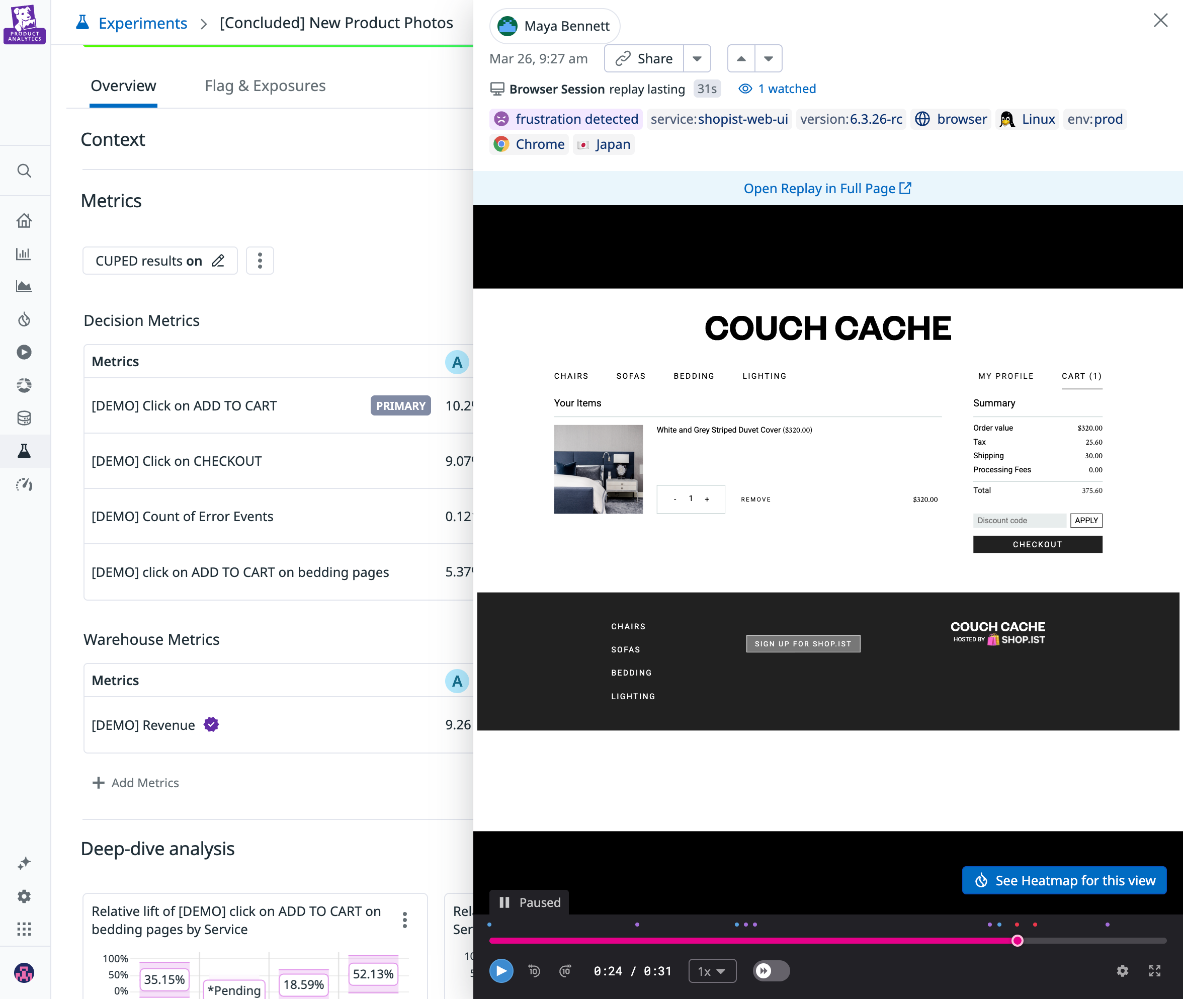 A screenshot of a Session Replay integrated directly with an experiment.