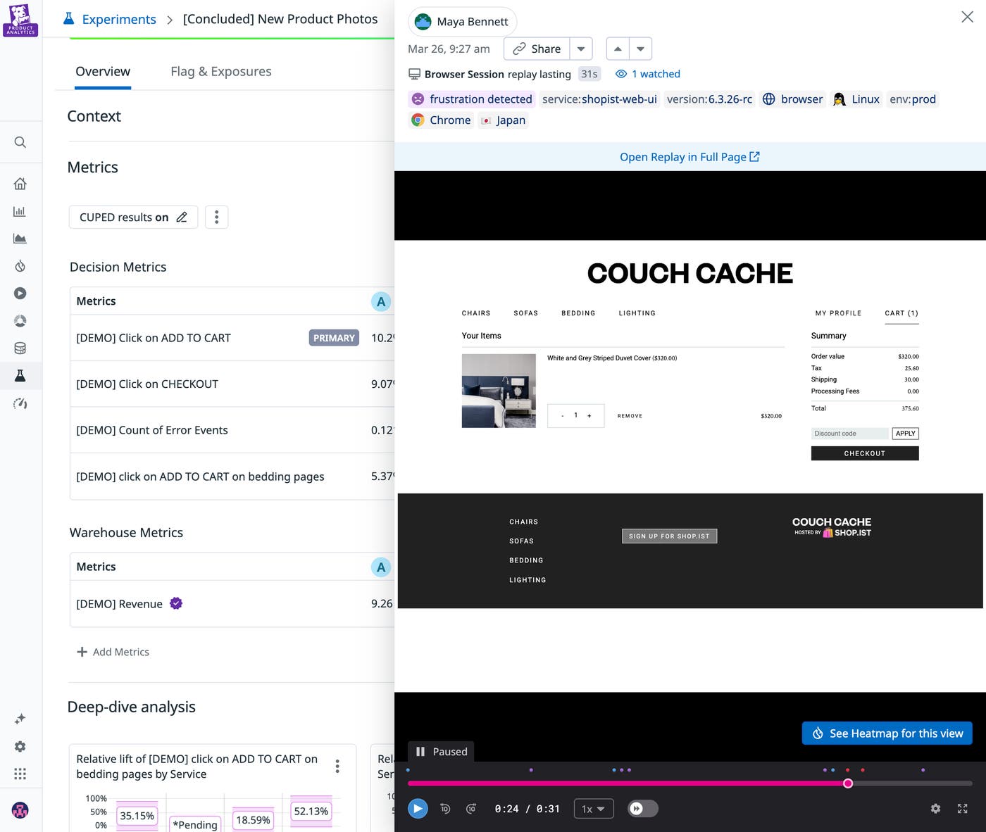 A screenshot of a Session Replay integrated directly with an experiment. A screenshot of a Session Replay integrated directly with an experiment.