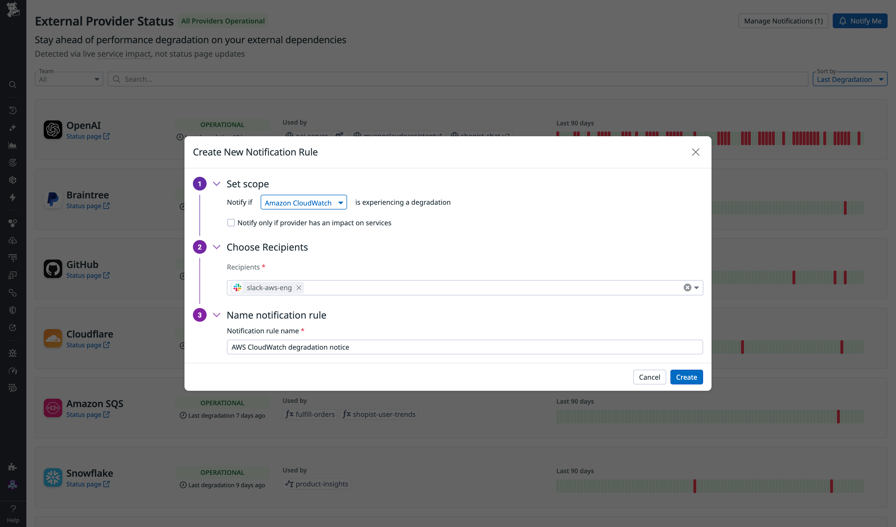 Configuration screen for targeted provider outage alerts.