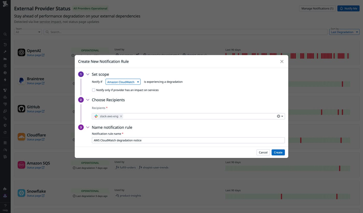 Configuration screen for targeted provider outage alerts. Configuration screen for targeted provider outage alerts.
