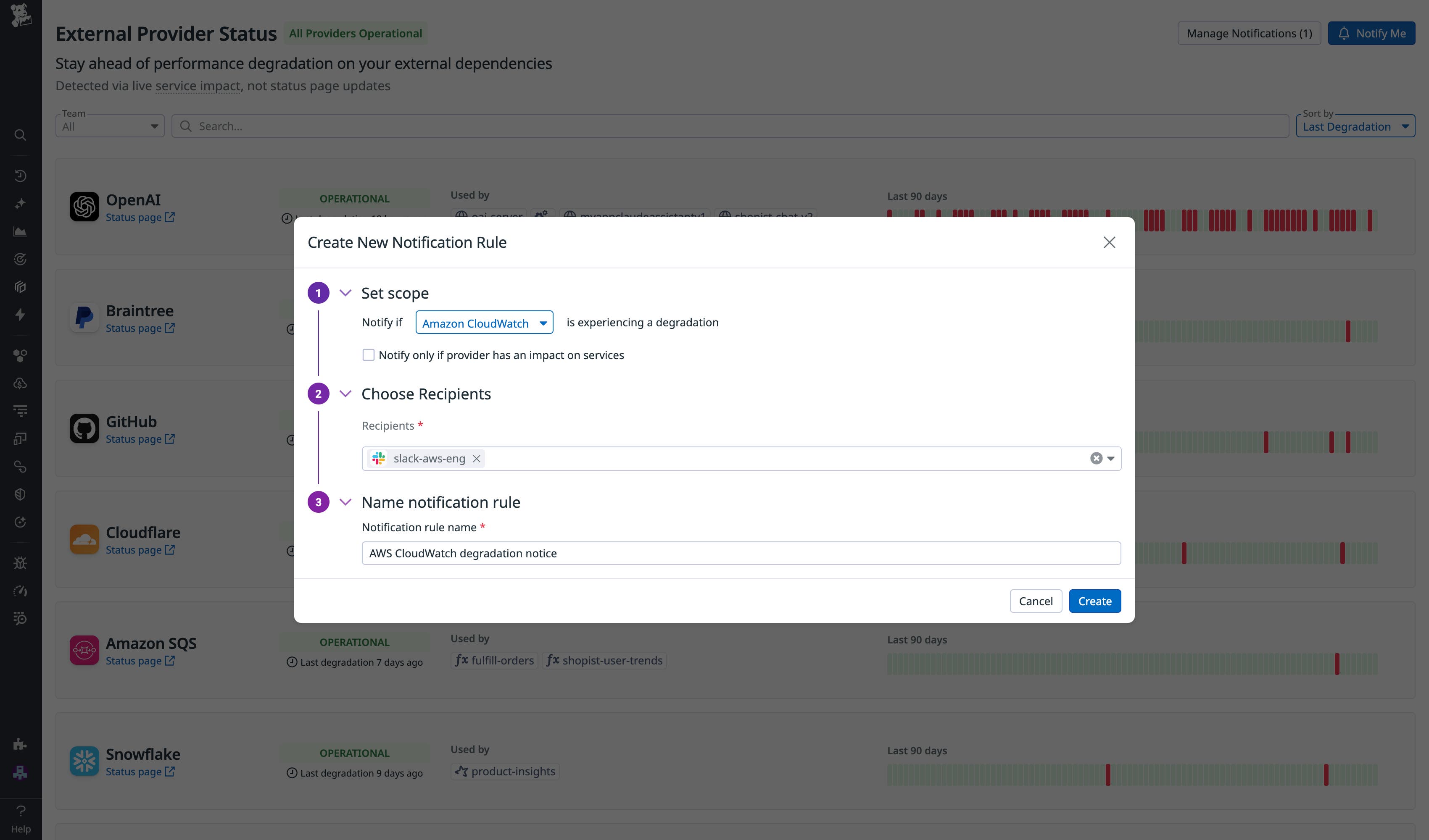 Configuration screen for targeted provider outage alerts. Configuration screen for targeted provider outage alerts.