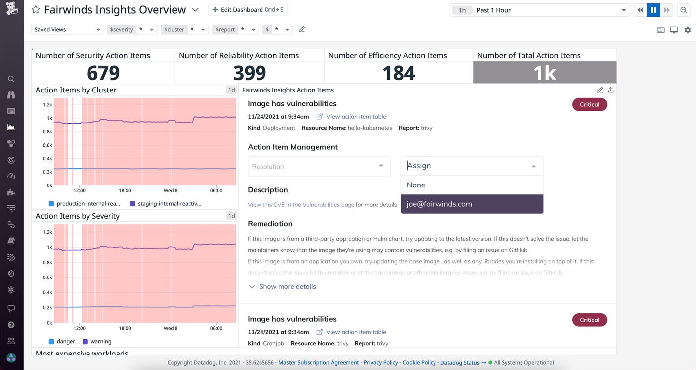 Action items can be added to Datadog Dashboards as widgets. Action items can be added to Datadog Dashboards as widgets.