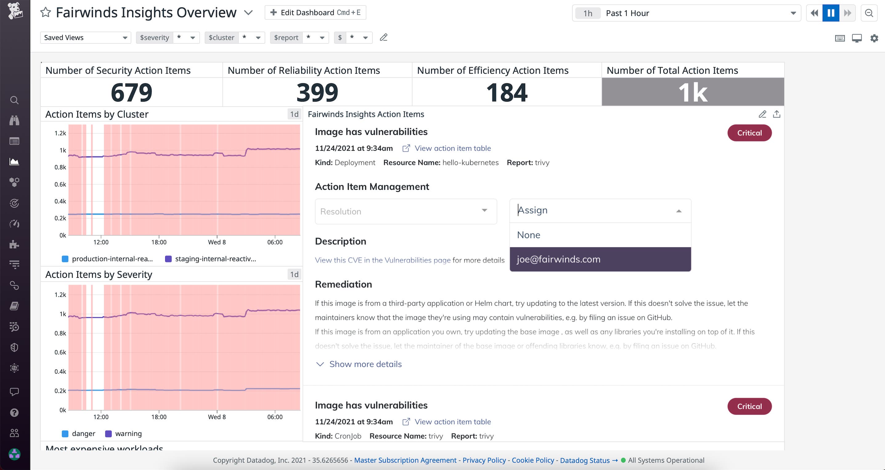 Action items can be added to Datadog Dashboards as widgets. Action items can be added to Datadog Dashboards as widgets.