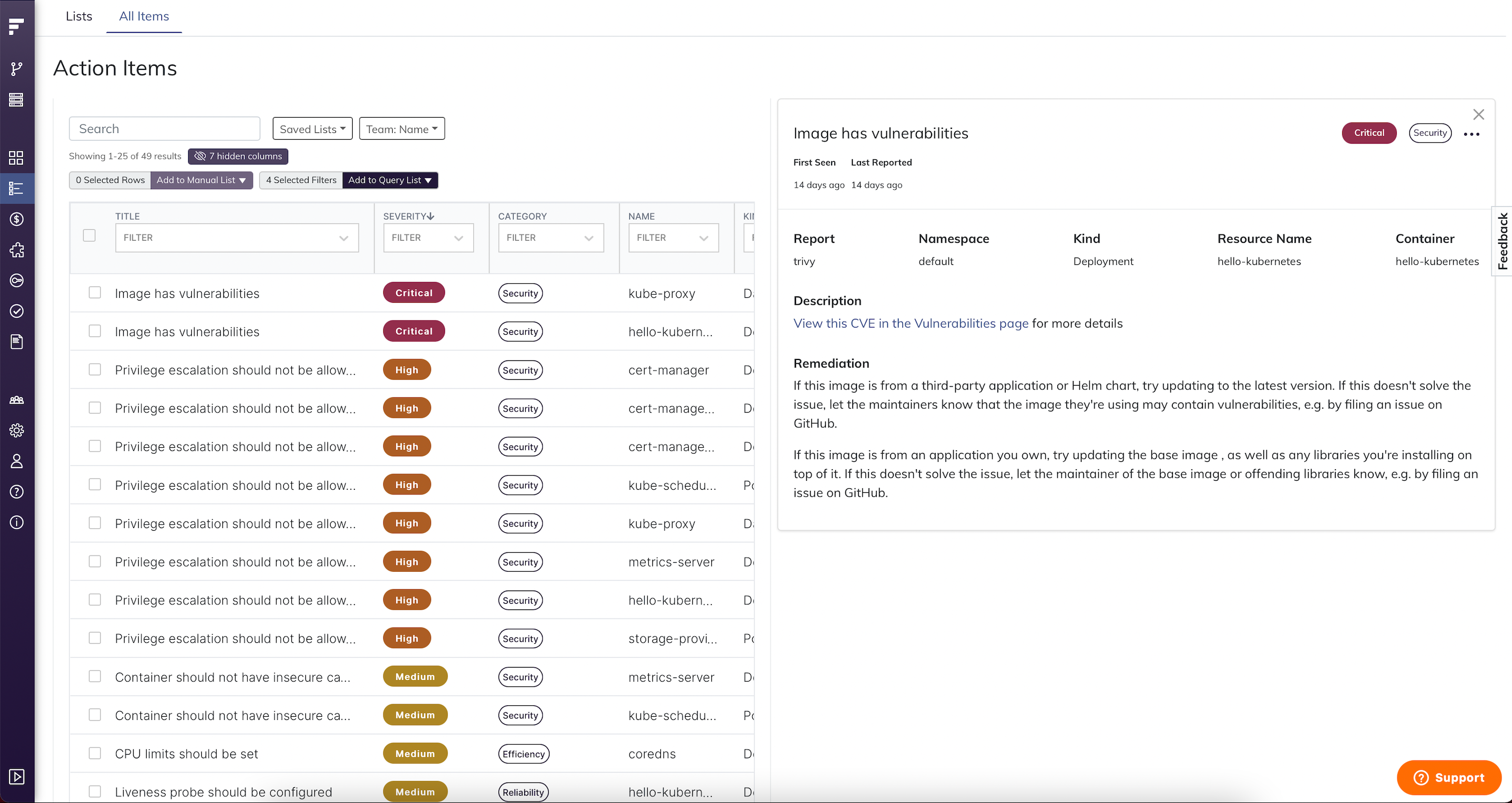 Fairwinds Insights lists your action items in theihr dashboard.