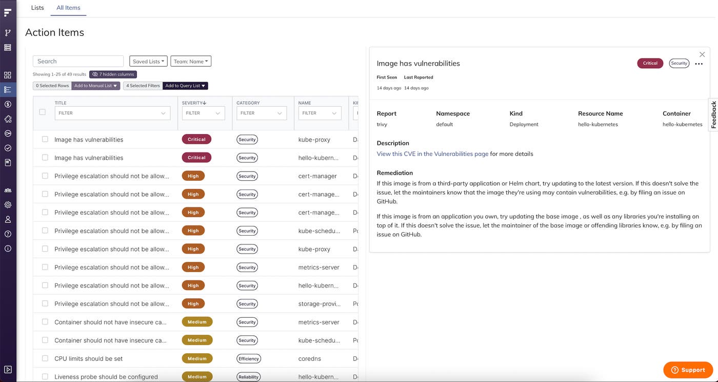 Fairwinds Insights lists your action items in theihr dashboard. Fairwinds Insights lists your action items in theihr dashboard.