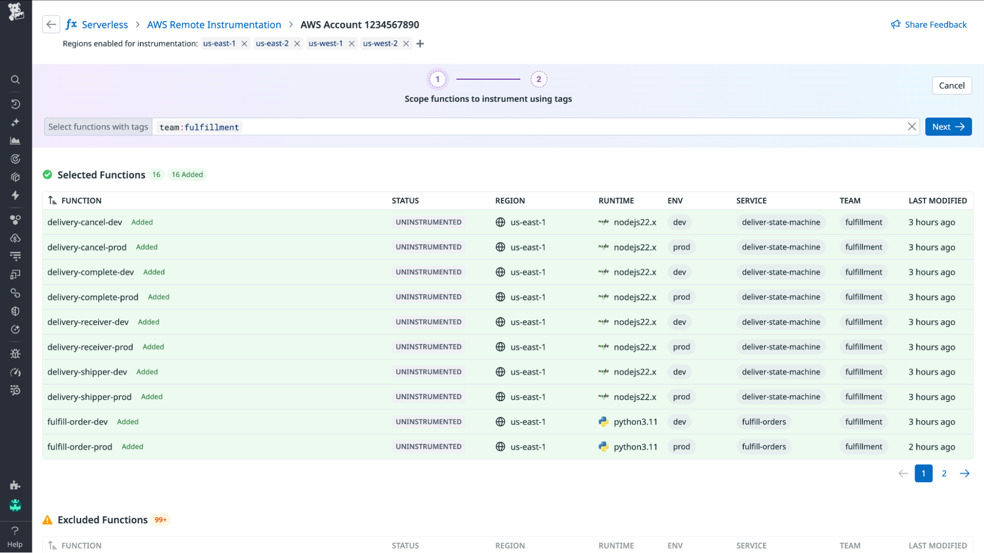 Screenshot showing how to select multiple Lambda functions to monitor at once using AWS tags.