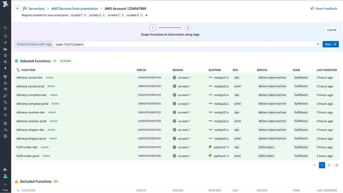 Screenshot showing how to select multiple Lambda functions to monitor at once using AWS tags. Screenshot showing how to select multiple Lambda functions to monitor at once using AWS tags.