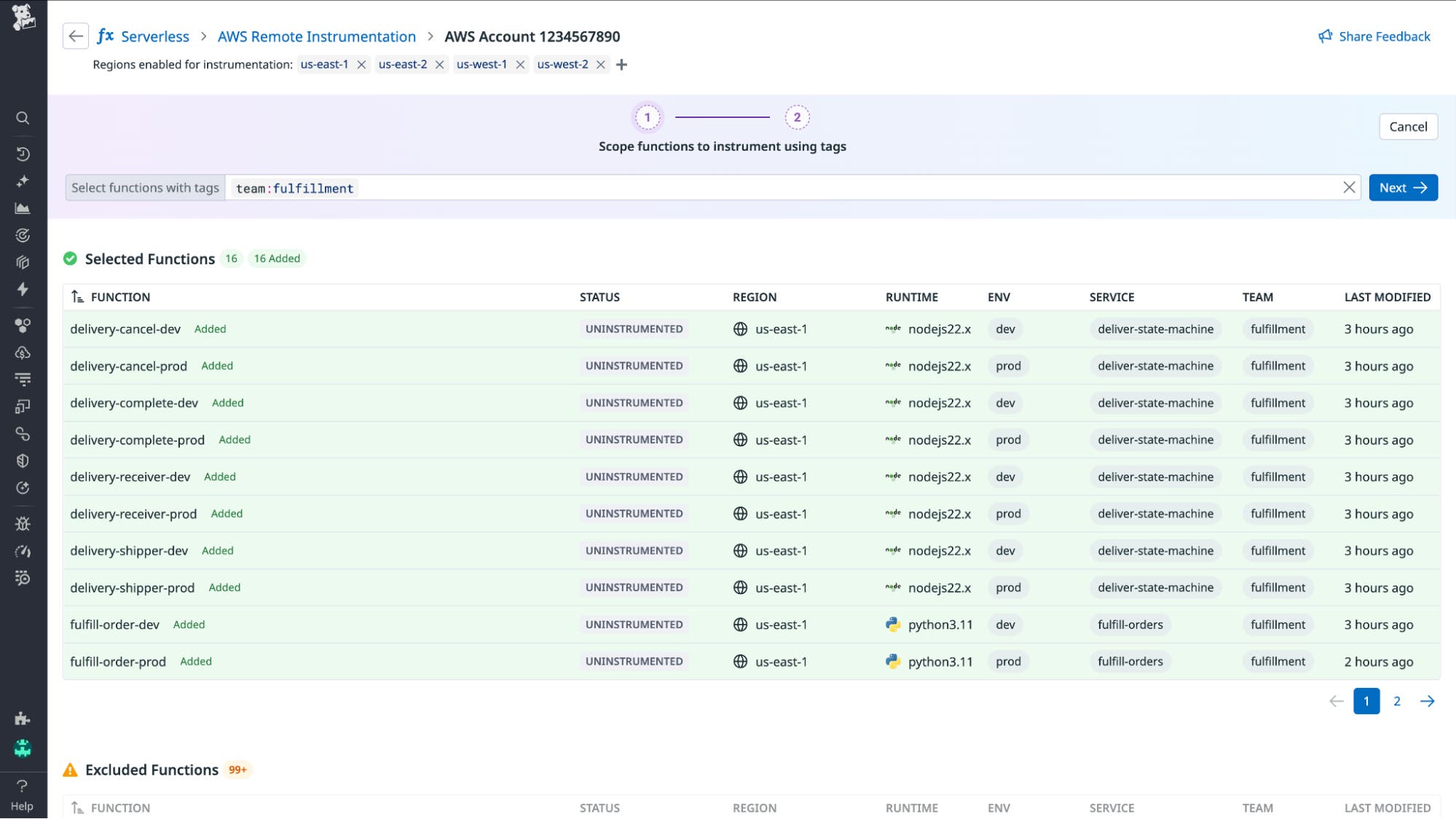 Screenshot showing how to select multiple Lambda functions to monitor at once using AWS tags. Screenshot showing how to select multiple Lambda functions to monitor at once using AWS tags.