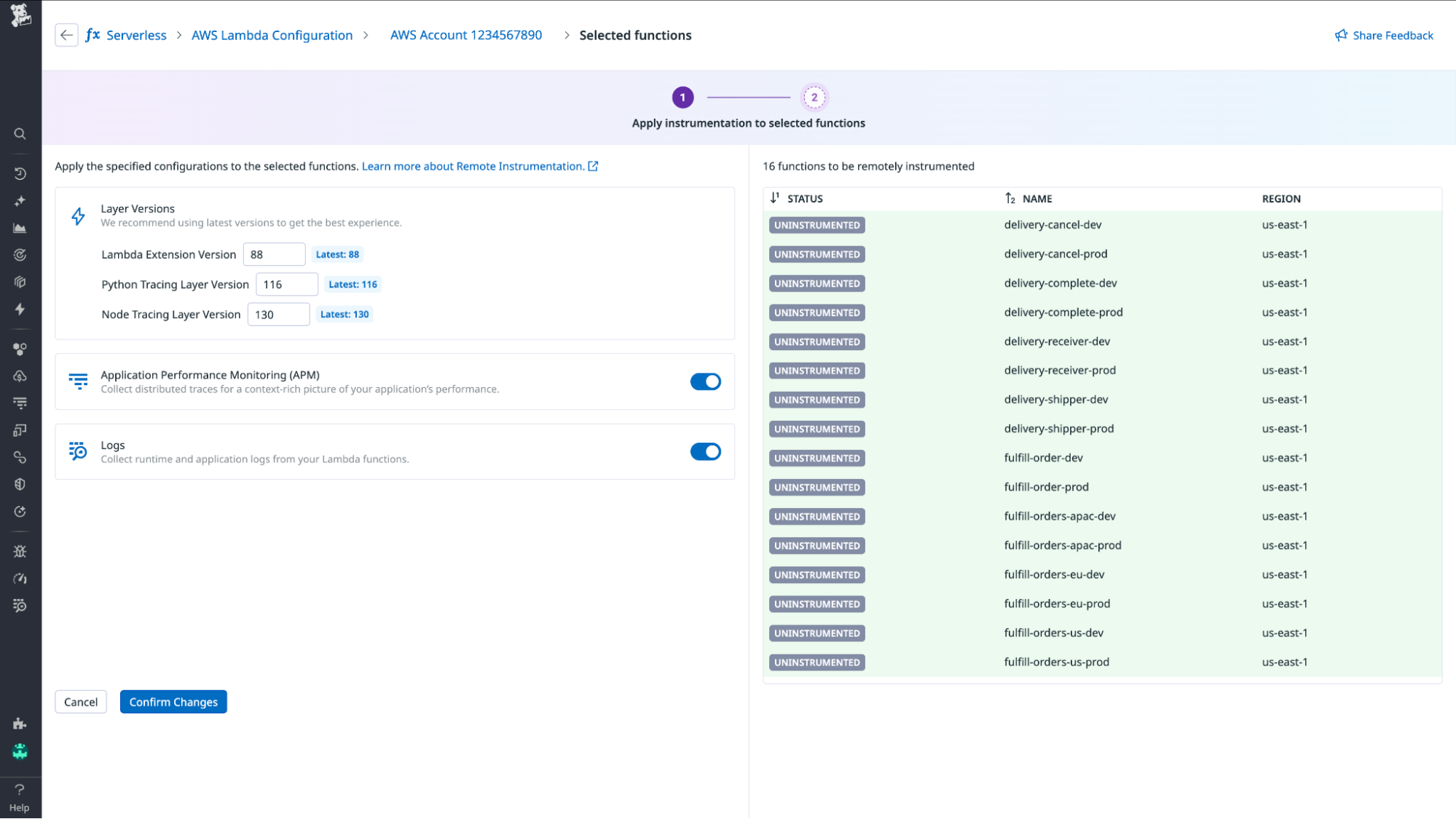 Screenshot showing how to select configuration options on the Datadog Instrumentation Settings page.