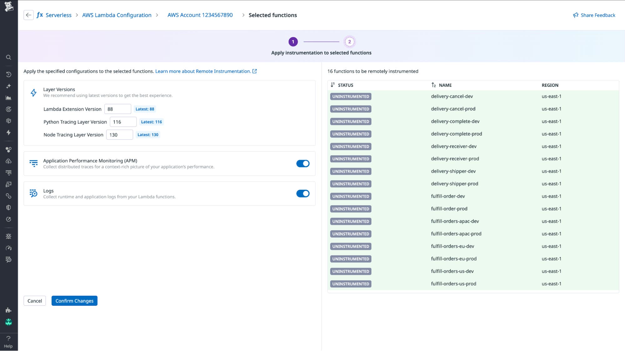 Screenshot showing how to select configuration options on the Datadog Instrumentation Settings page. Screenshot showing how to select configuration options on the Datadog Instrumentation Settings page.