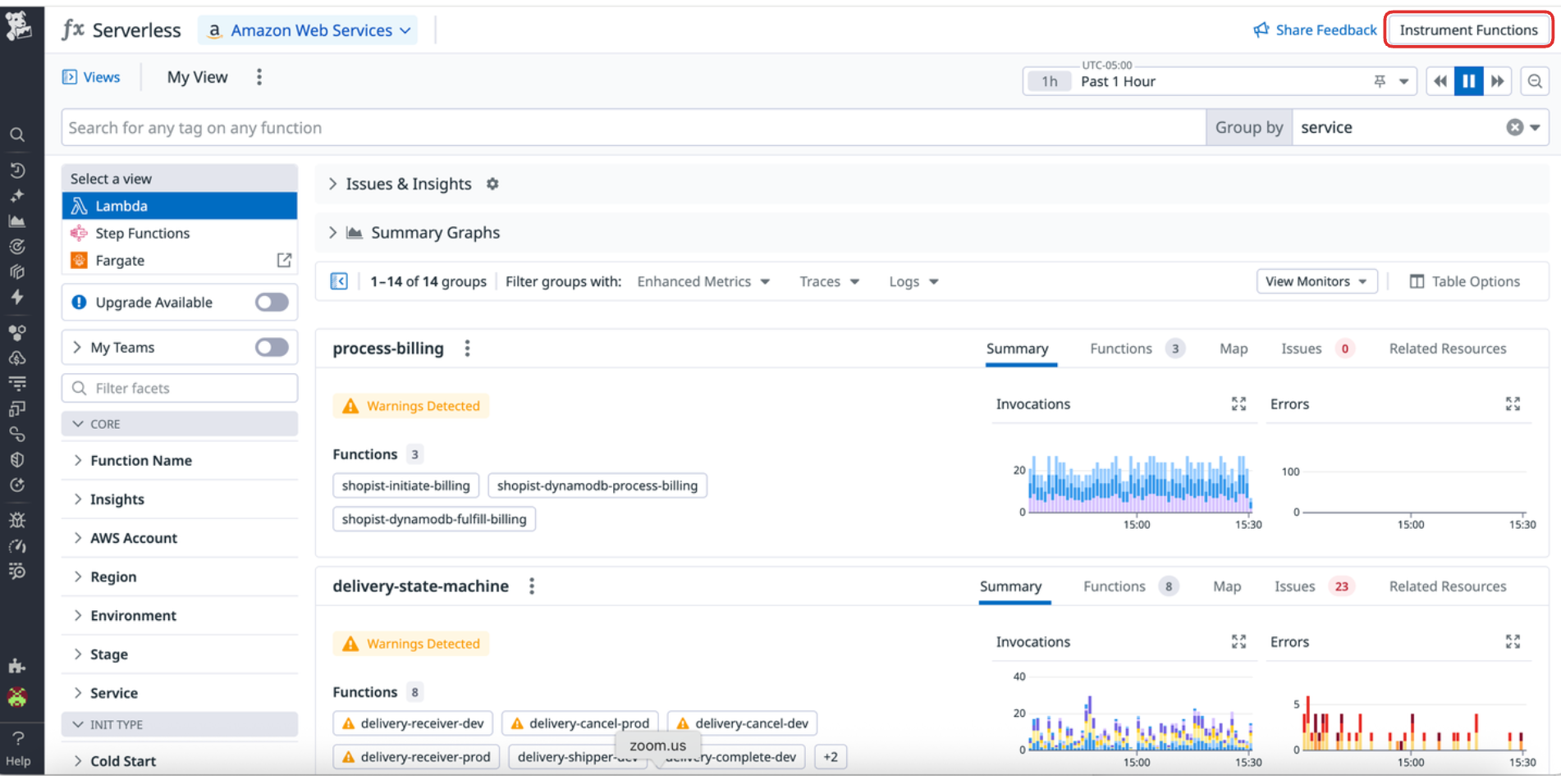 Screenshot showing where to find the Instrument Functions button on the Integrations page in the Datadog UI.