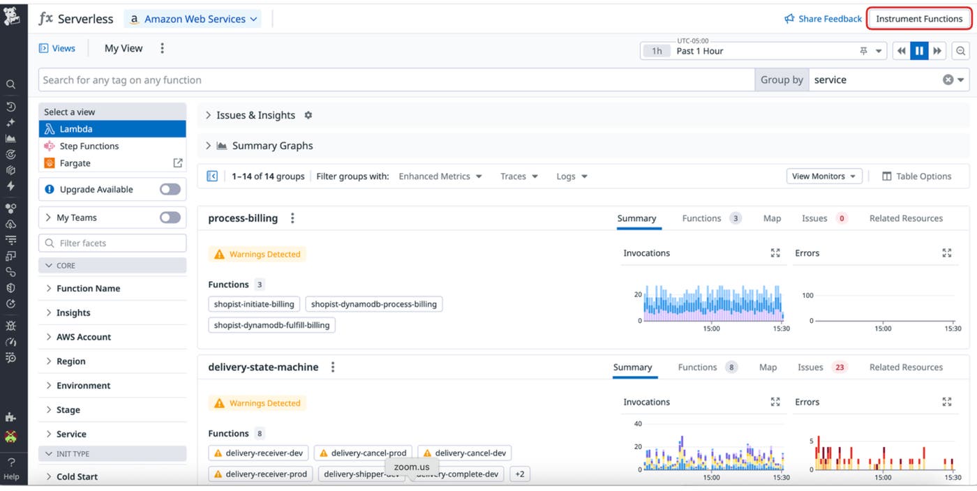 Screenshot showing where to find the Instrument Functions button on the Integrations page in the Datadog UI. Screenshot showing where to find the Instrument Functions button on the Integrations page in the Datadog UI.