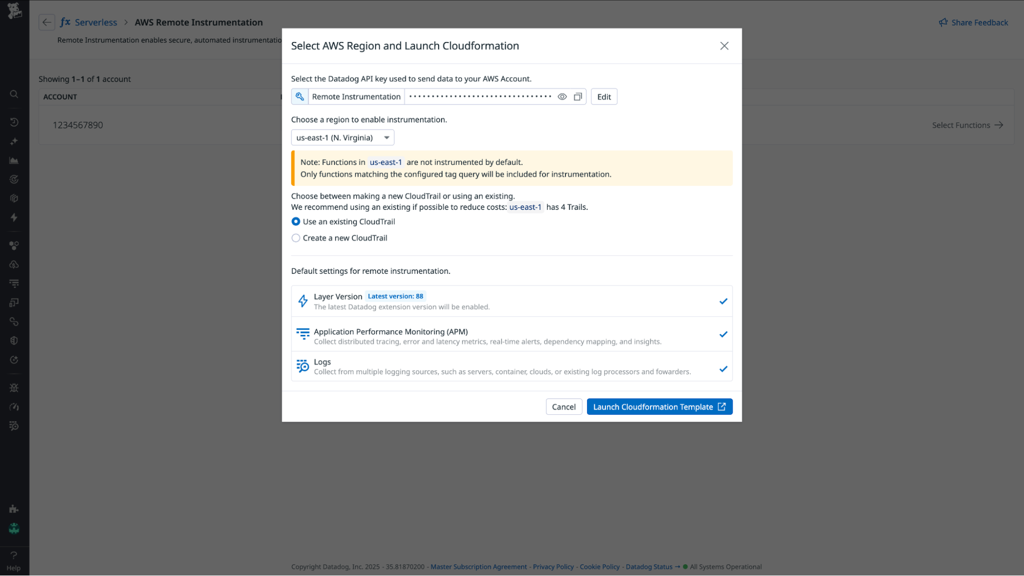 Screenshot showing how to select an AWS region and launch CloudFormation.