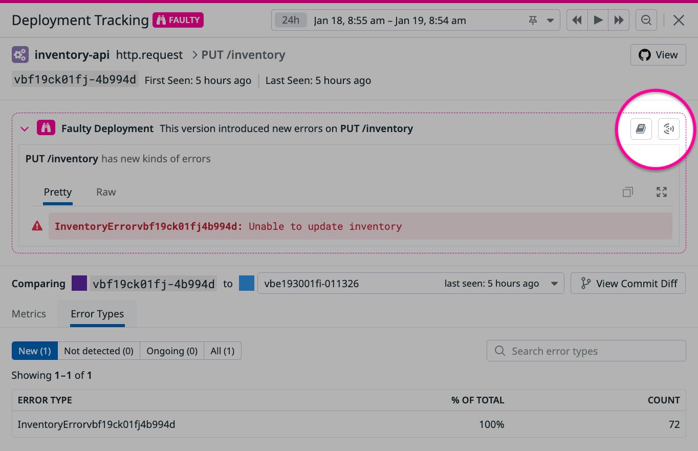 A highlighted area of the faulty deployment detailed view shows buttons to create a Notebook and an incident. A highlighted area of the faulty deployment detailed view shows buttons to create a Notebook and an incident.