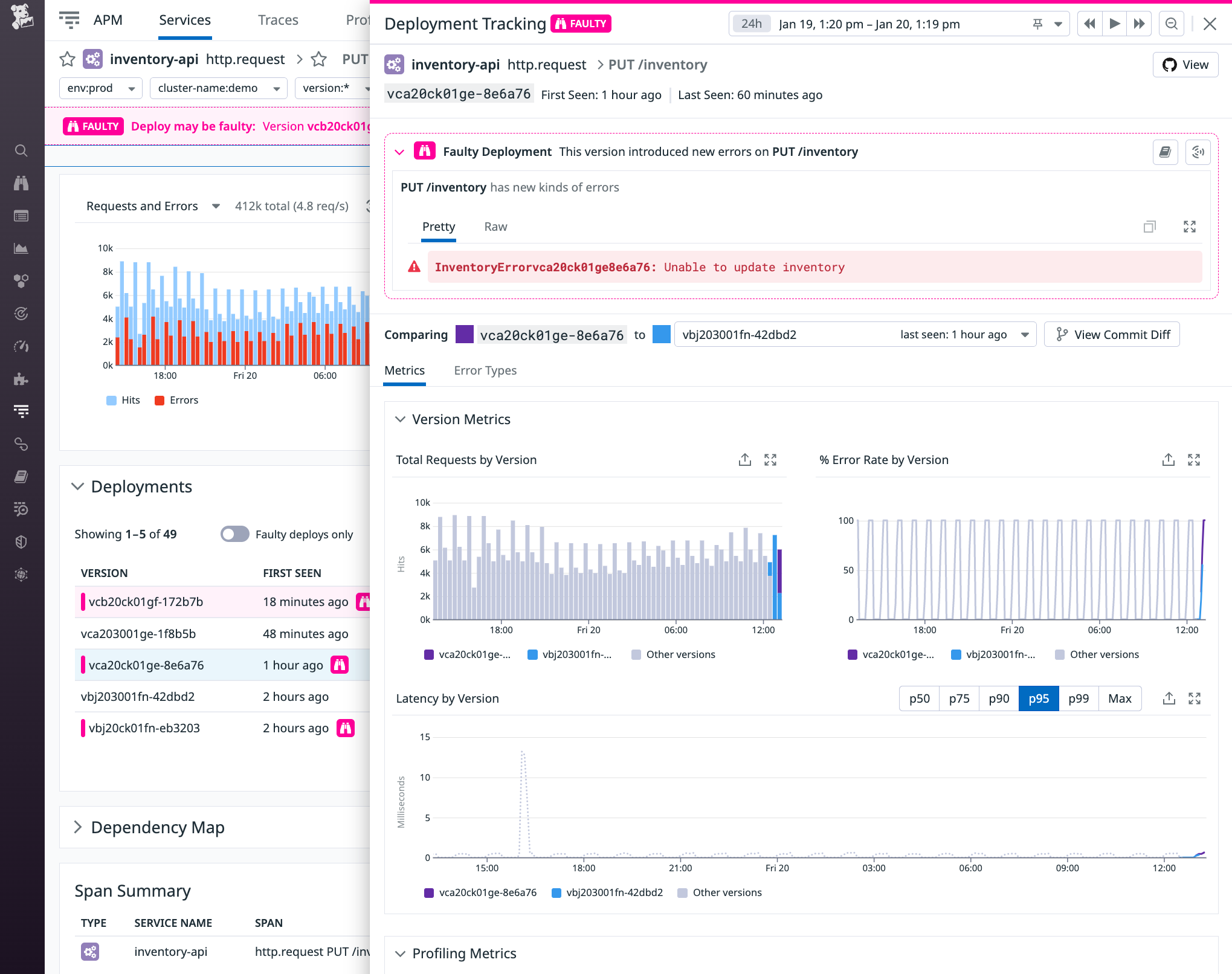 A detailed view of the faulty deployment shows the time it was detected, the error type, the relevant endpoint, and the HTTP status code.