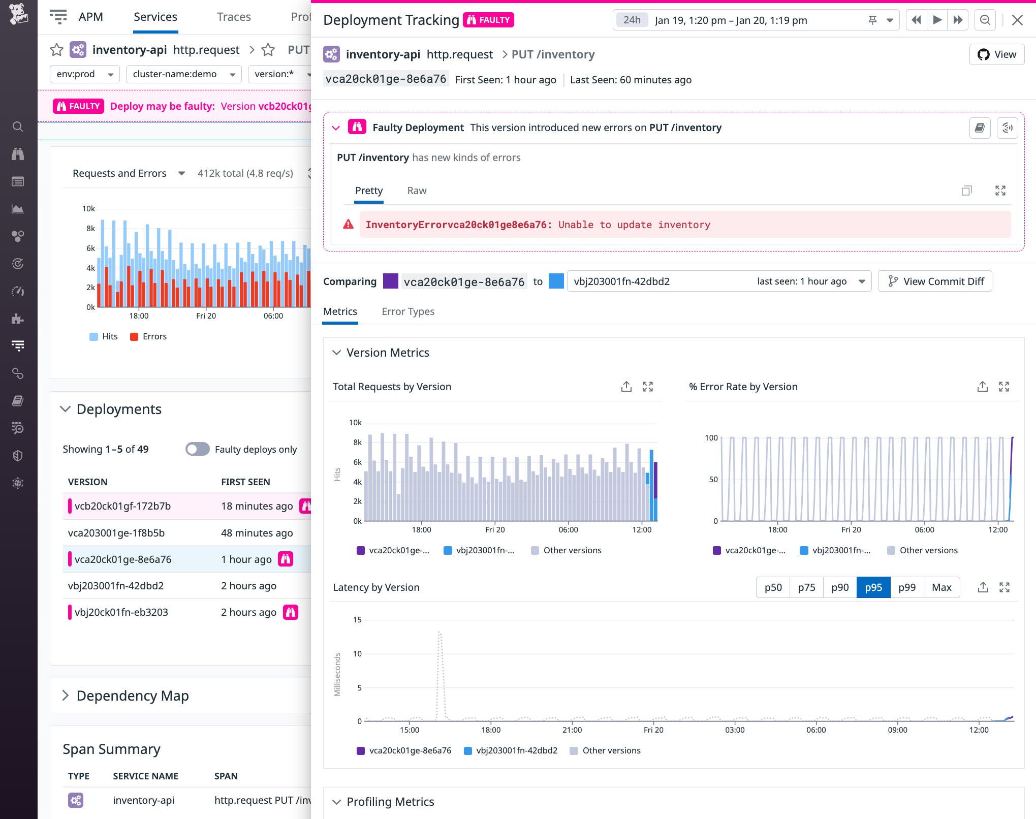 A detailed view of the faulty deployment shows the time it was detected, the error type, the relevant endpoint, and the HTTP status code. A detailed view of the faulty deployment shows the time it was detected, the error type, the relevant endpoint, and the HTTP status code.