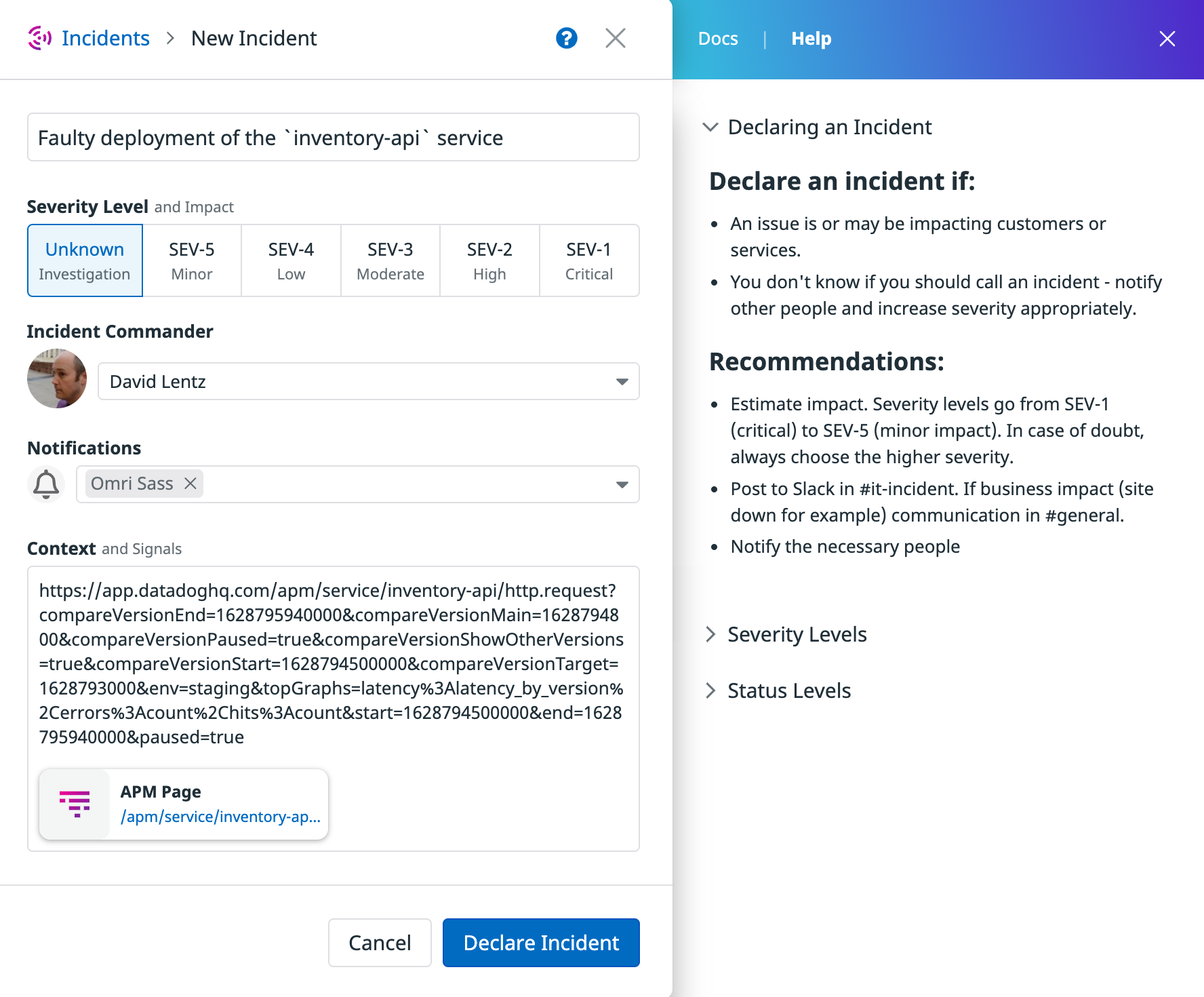 The new incident form includes fields to designate incident severity, incident commander, team members to be notified, and a link to the APM page that describes the faulty deployment.