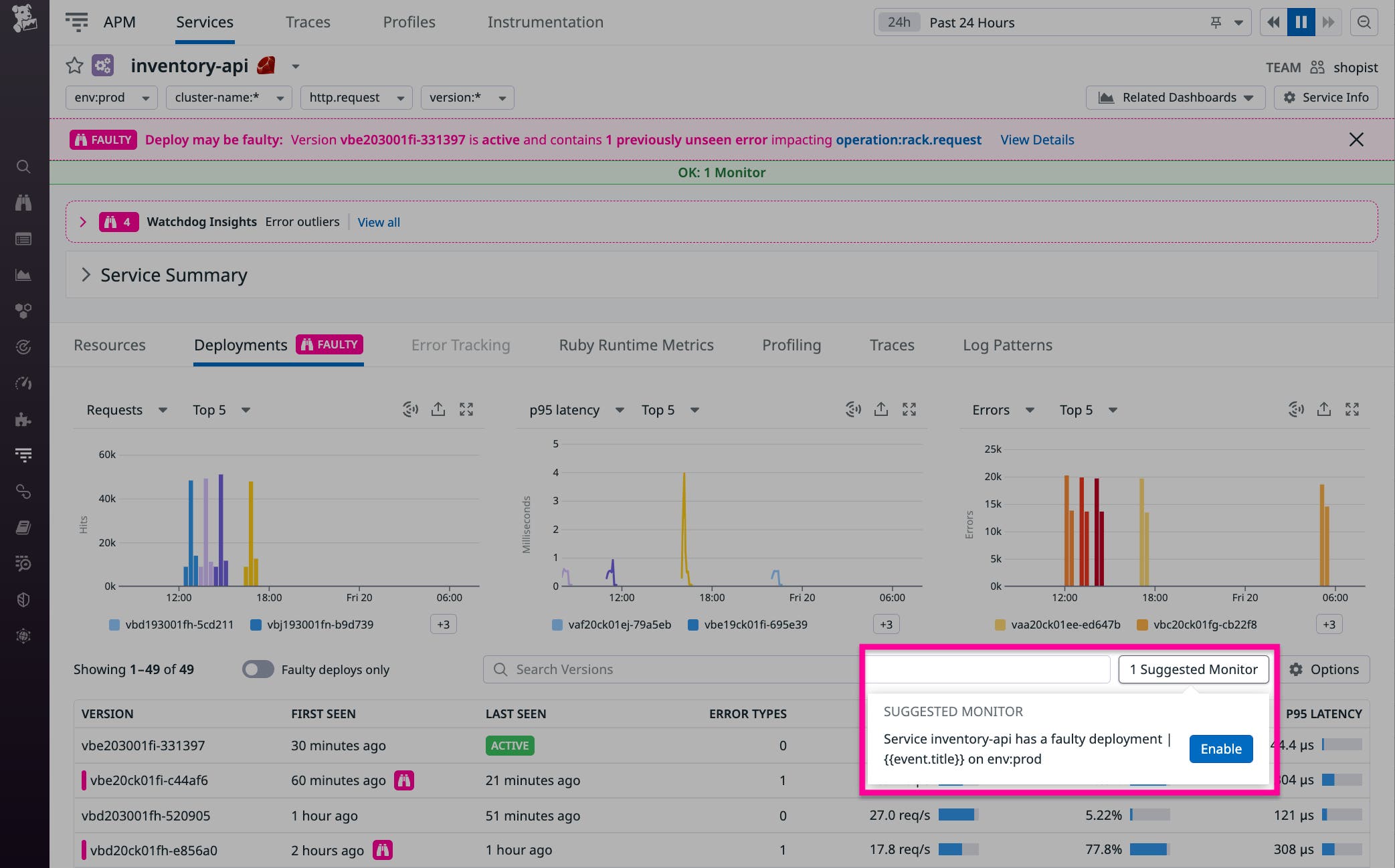 A highlighted area on the service page shows the Suggested Monitor button. A highlighted area on the service page shows the Suggested Monitor button.