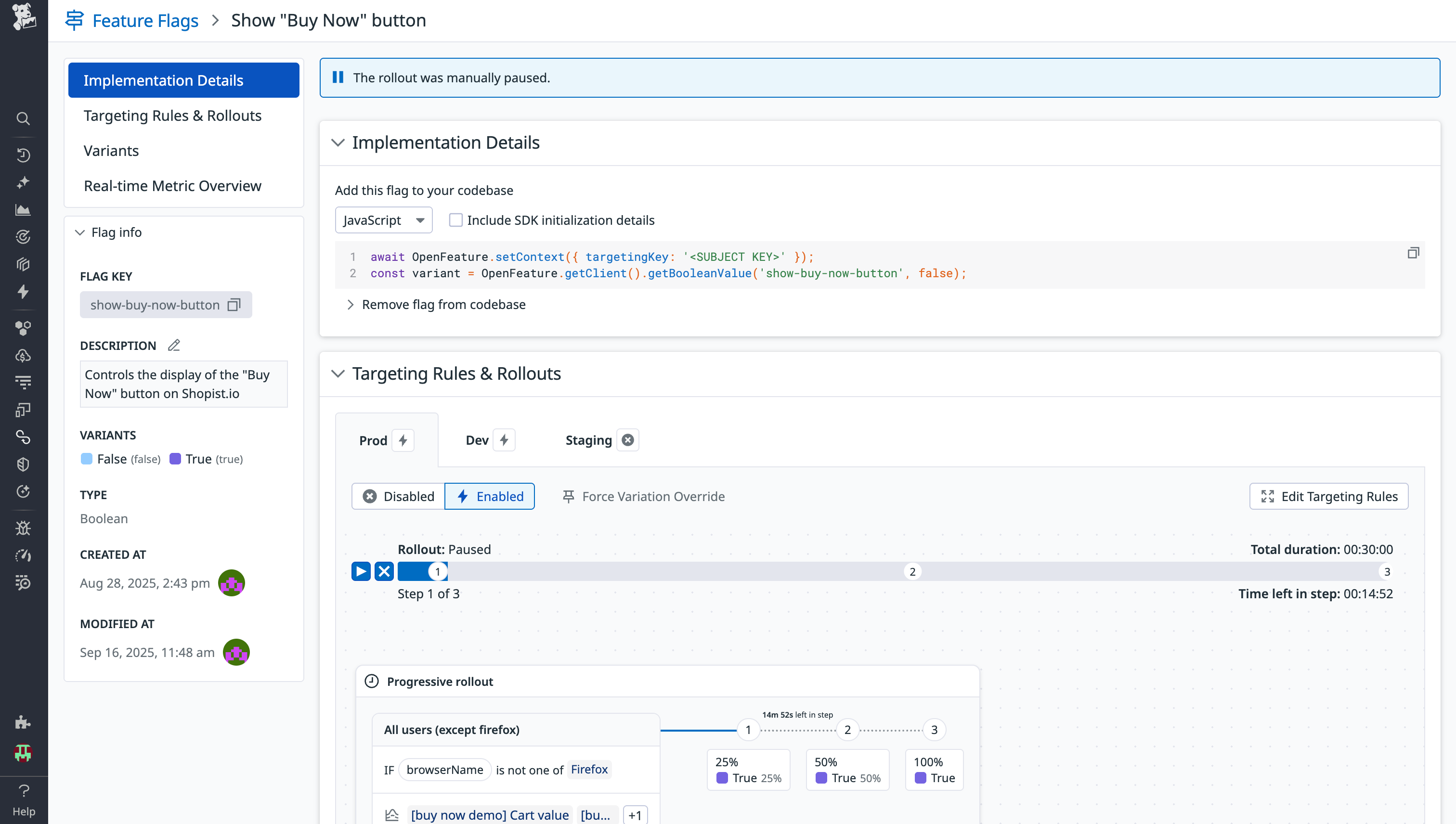 A screenshot showing the overview page of a feature flag, with rollout settings and metrics overview.