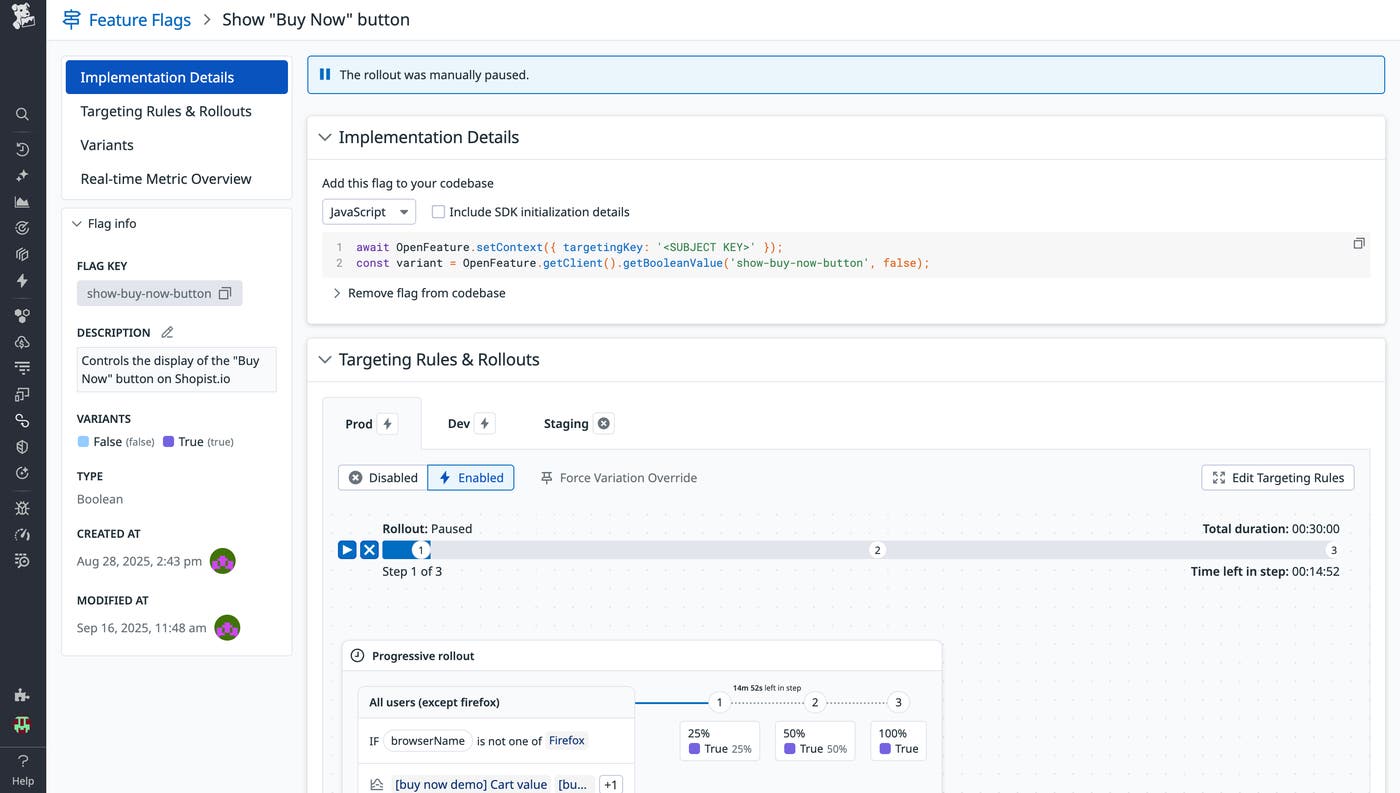 A screenshot showing the overview page of a feature flag, with rollout settings and metrics overview. A screenshot showing the overview page of a feature flag, with rollout settings and metrics overview.