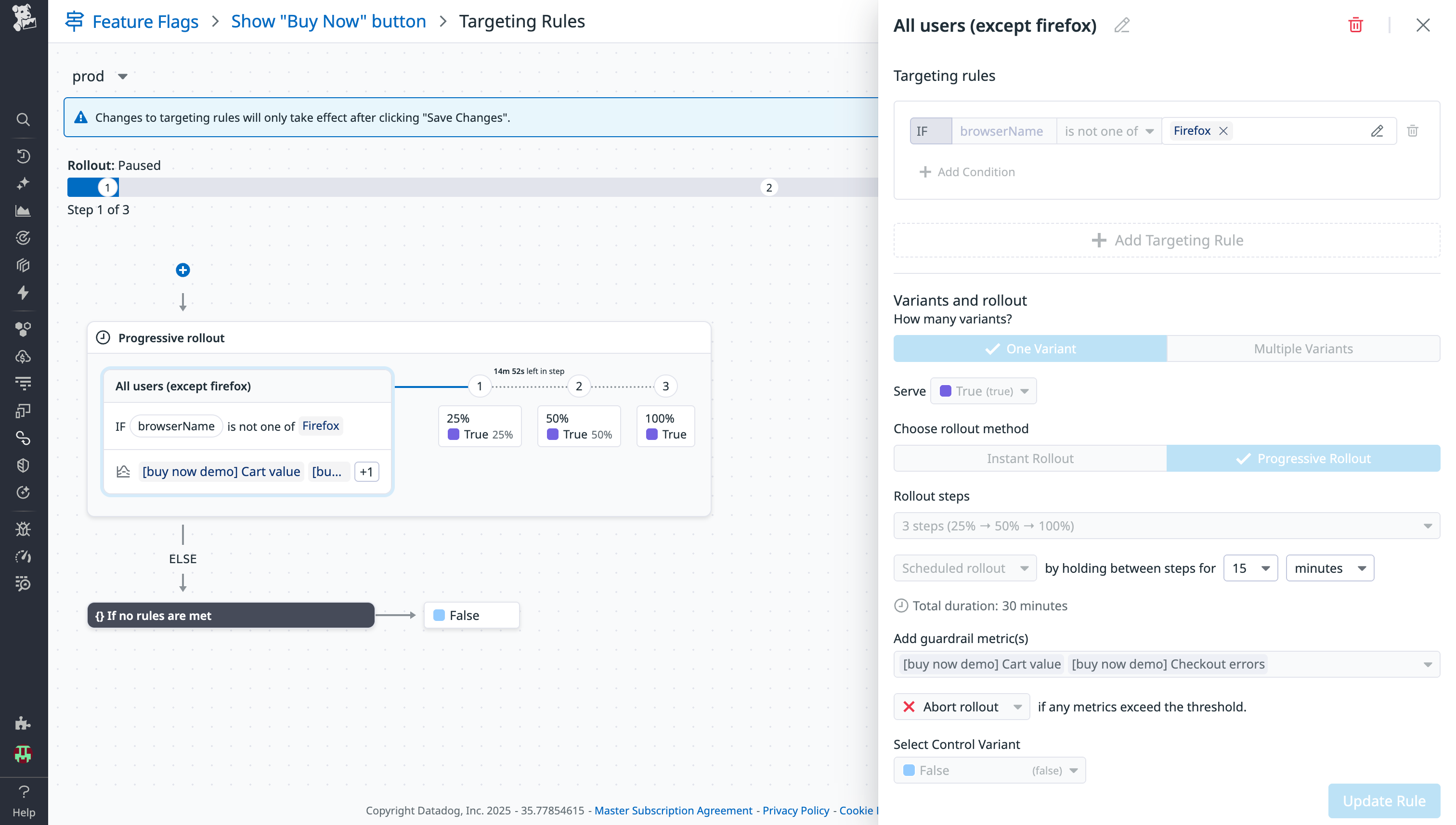 A screenshot showing targetting rules and setting up a progressive feature rollout.