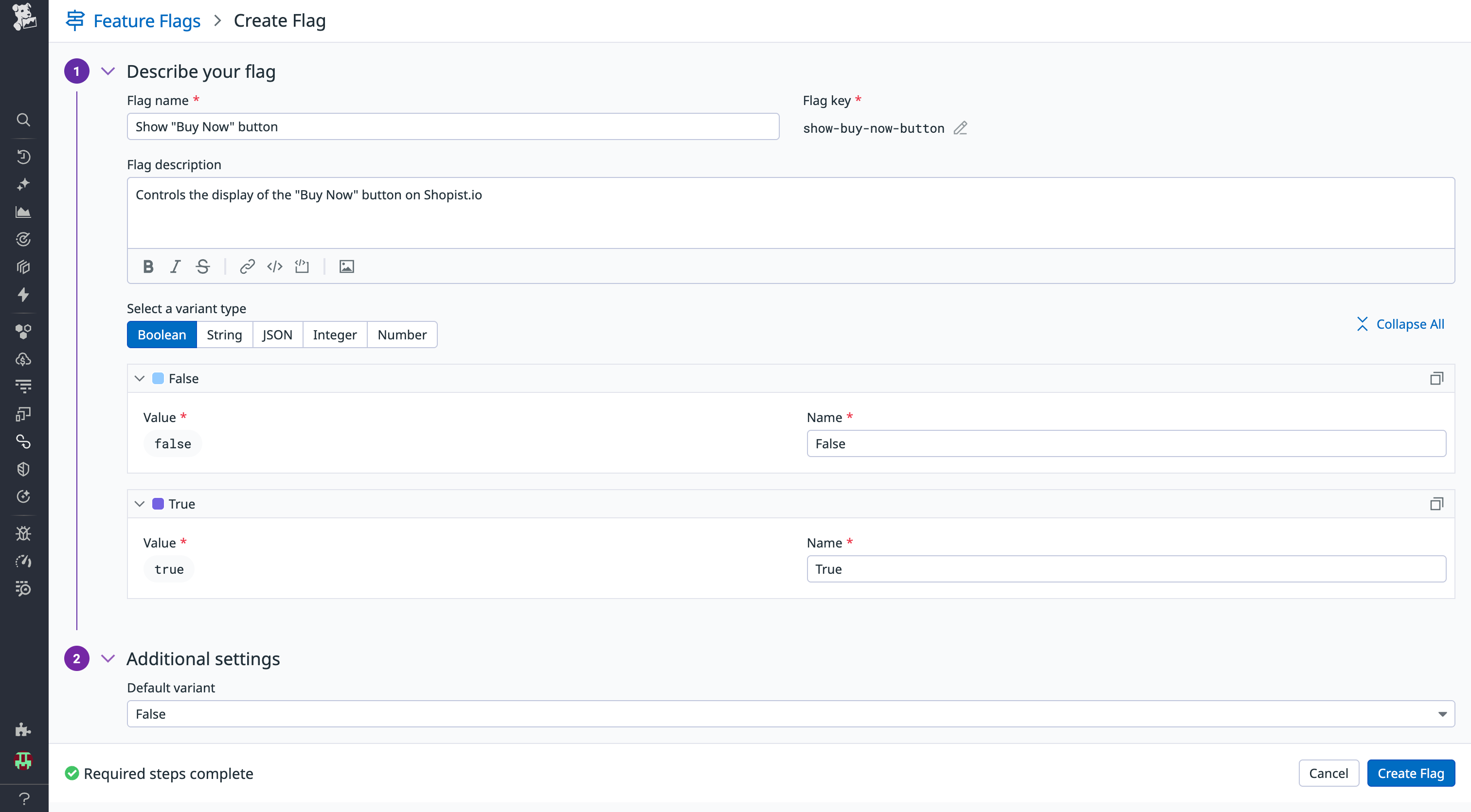 A screenshot showing the creation of feature flag in Datadog.
