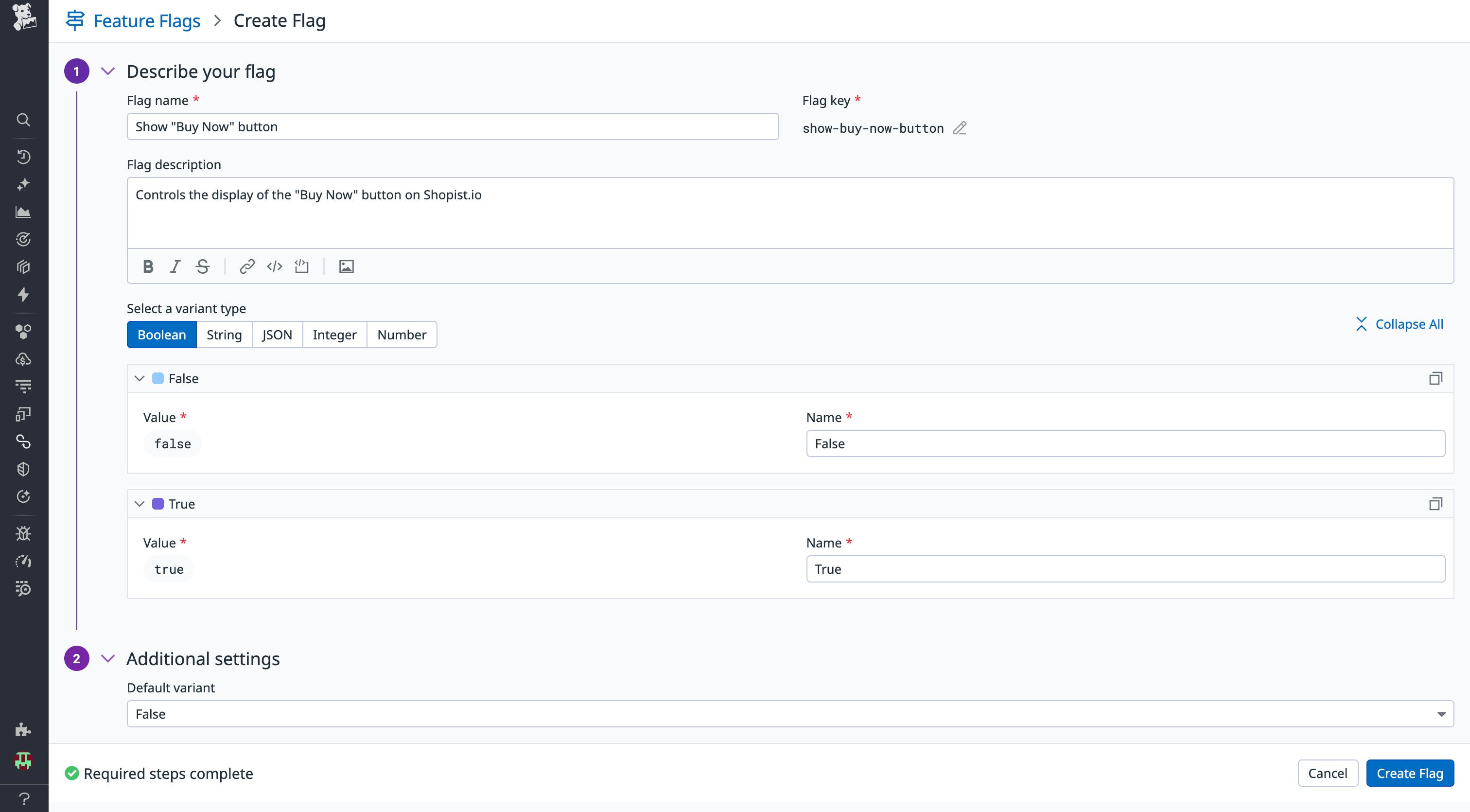 A screenshot showing the creation of feature flag in Datadog. A screenshot showing the creation of feature flag in Datadog.