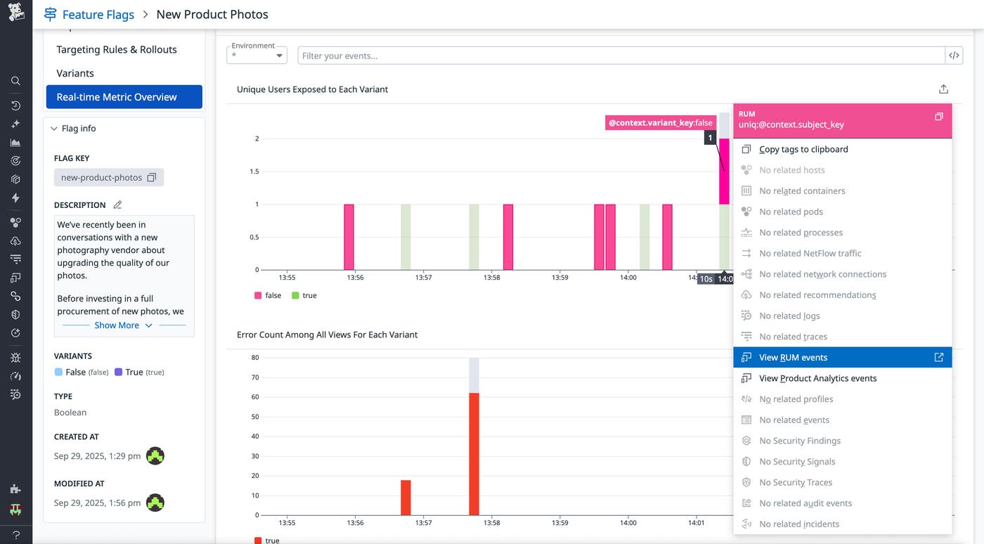 A screenshot showing real-time metrics in a feature flag, and the options to correlate with RUM events and Product Analytics events. A screenshot showing real-time metrics in a feature flag, and the options to correlate with RUM events and Product Analytics events.