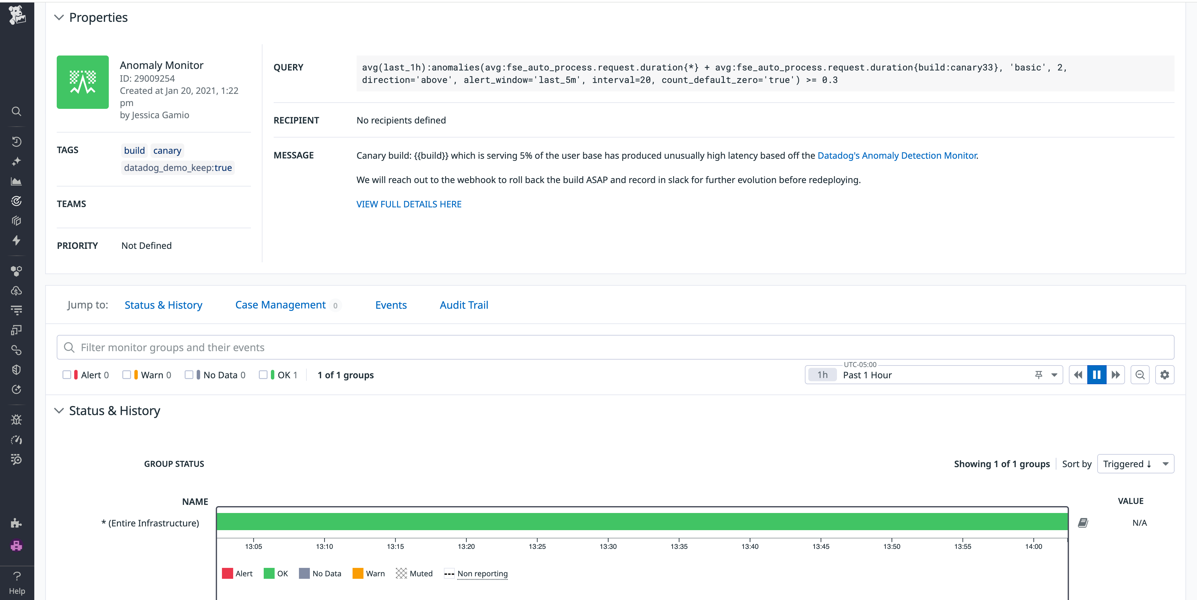 Screenshot of a Datadog anomaly monitor detecting high latency in a canary build. The monitor query compares request duration across builds and automatically triggers a rollback when latency exceeds the defined threshold.