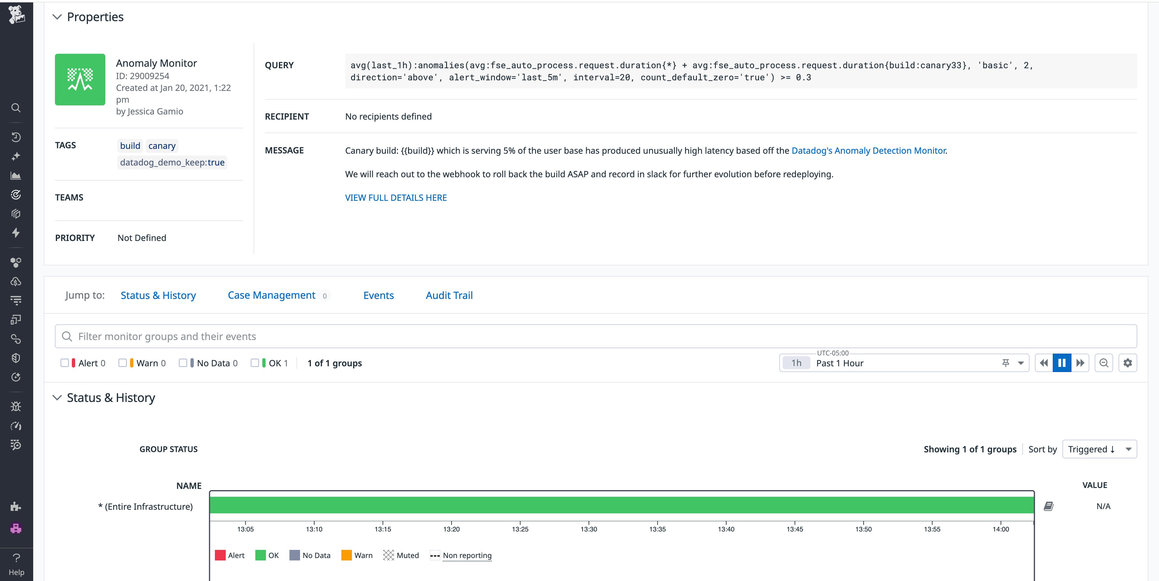 Screenshot of a Datadog anomaly monitor detecting high latency in a canary build. The monitor query compares request duration across builds and automatically triggers a rollback when latency exceeds the defined threshold. Screenshot of a Datadog anomaly monitor detecting high latency in a canary build. The monitor query compares request duration across builds and automatically triggers a rollback when latency exceeds the defined threshold.