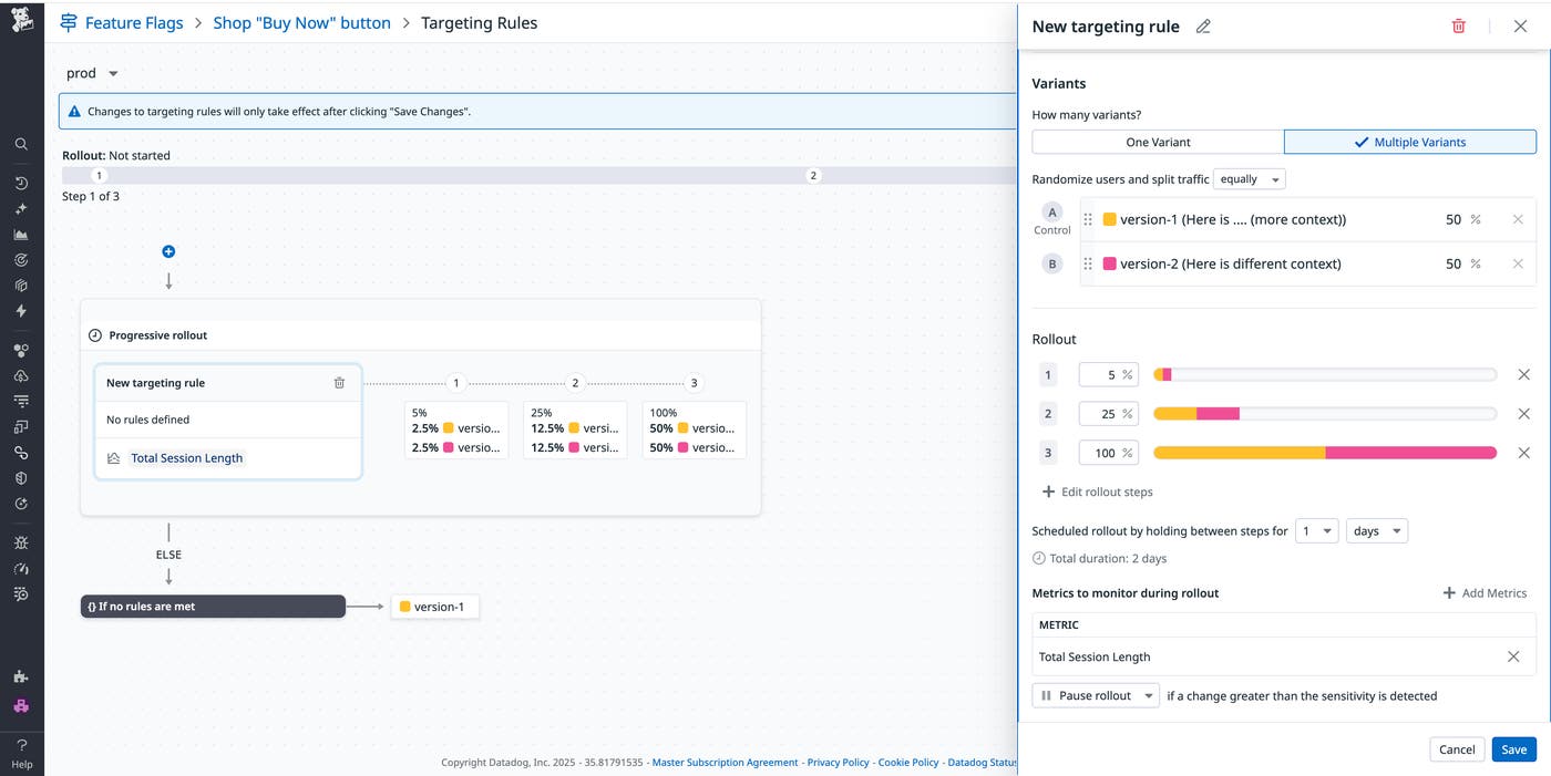 Screenshot of a Datadog Feature Flag configuration showing a progressive rollout in progress. The interface defines two flag variants with traffic gradually increasing from 5 to 25 to 100 percent, while monitoring total session length to automatically pause the rollout if anomalies are detected. Screenshot of a Datadog Feature Flag configuration showing a progressive rollout in progress. The interface defines two flag variants with traffic gradually increasing from 5 to 25 to 100 percent, while monitoring total session length to automatically pause the rollout if anomalies are detected.
