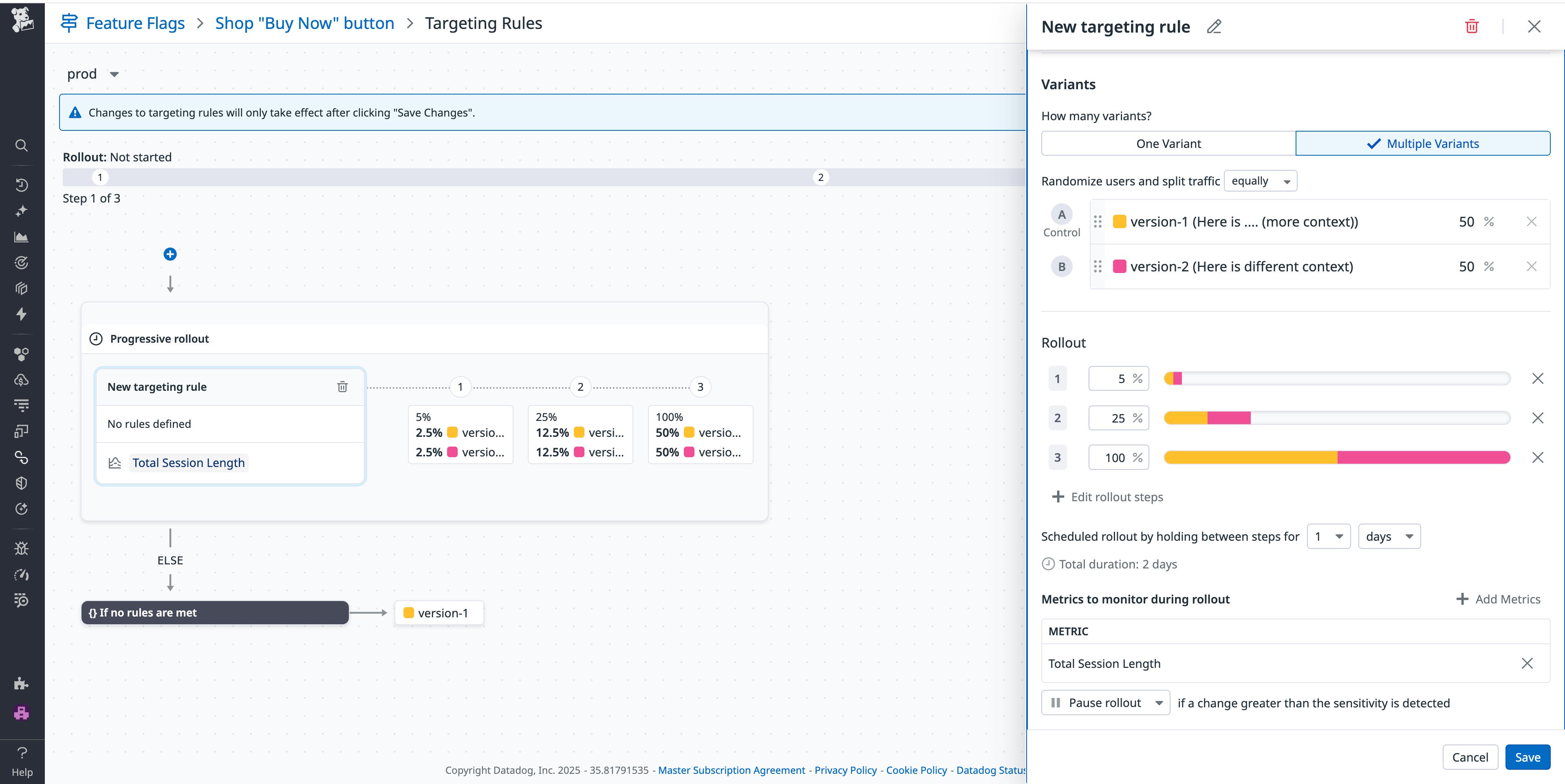 Screenshot of a Datadog Feature Flag configuration showing a progressive rollout in progress. The interface defines two flag variants with traffic gradually increasing from 5 to 25 to 100 percent, while monitoring total session length to automatically pause the rollout if anomalies are detected. Screenshot of a Datadog Feature Flag configuration showing a progressive rollout in progress. The interface defines two flag variants with traffic gradually increasing from 5 to 25 to 100 percent, while monitoring total session length to automatically pause the rollout if anomalies are detected.