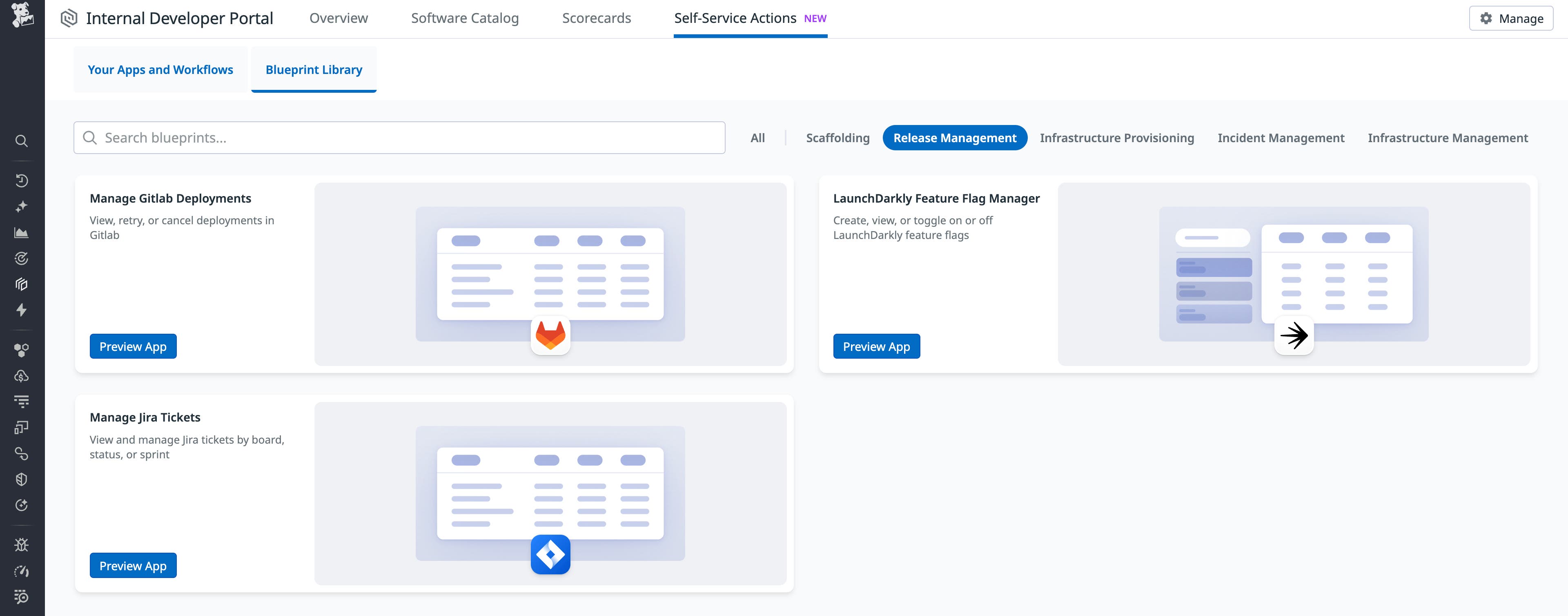Screenshot of the Datadog Internal Developer Portal’s Self-Service Actions interface showing the Blueprint Library. The Release Management section lists example blueprints, including apps for managing GitLab deployments, LaunchDarkly feature flags, and Jira tickets. Screenshot of the Datadog Internal Developer Portal’s Self-Service Actions interface showing the Blueprint Library. The Release Management section lists example blueprints, including apps for managing GitLab deployments, LaunchDarkly feature flags, and Jira tickets.