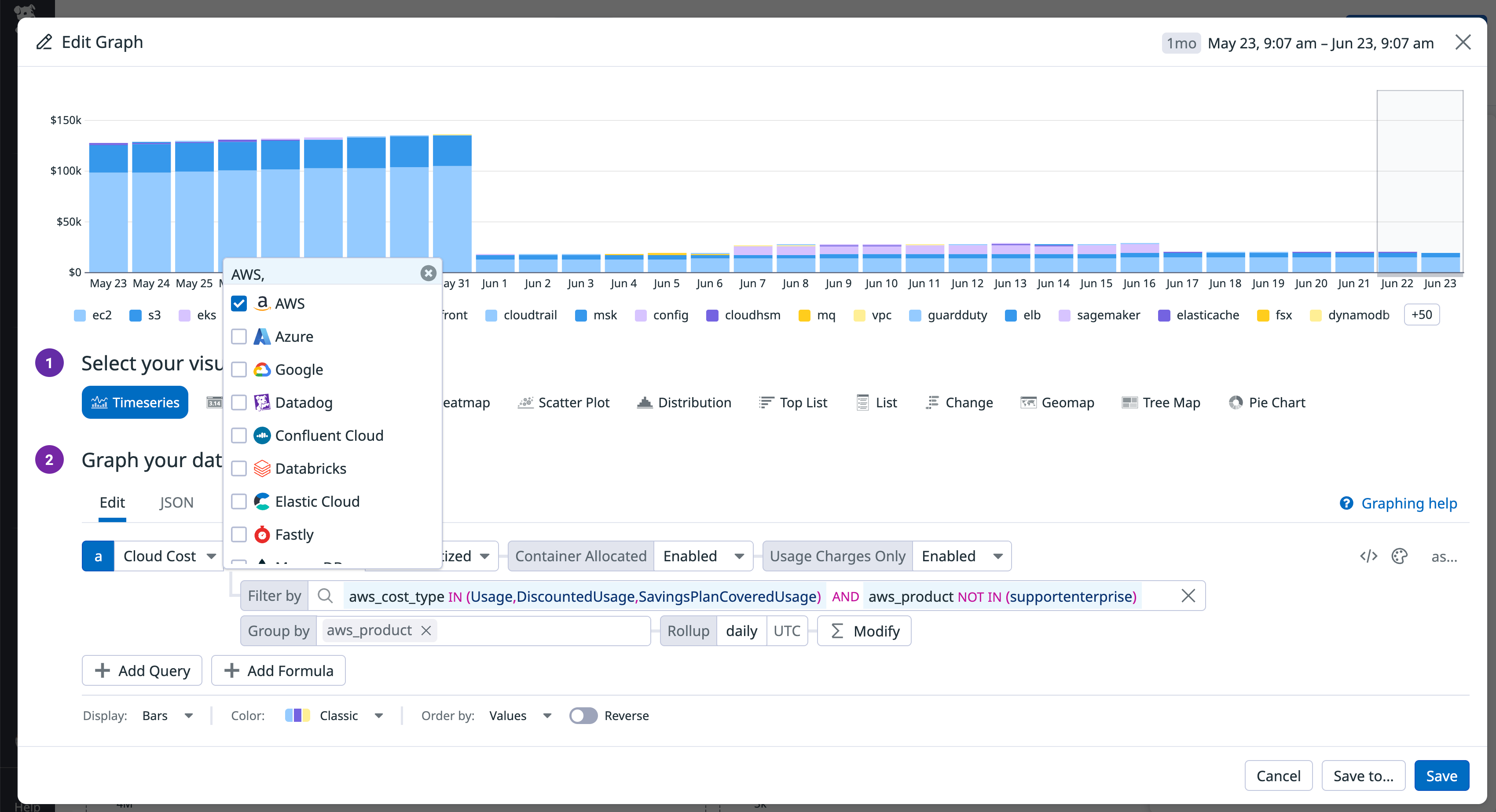 Bar chart in the Datadog Cloud Cost widget showing daily cloud costs by provider over time, with filtering options by provider and region.