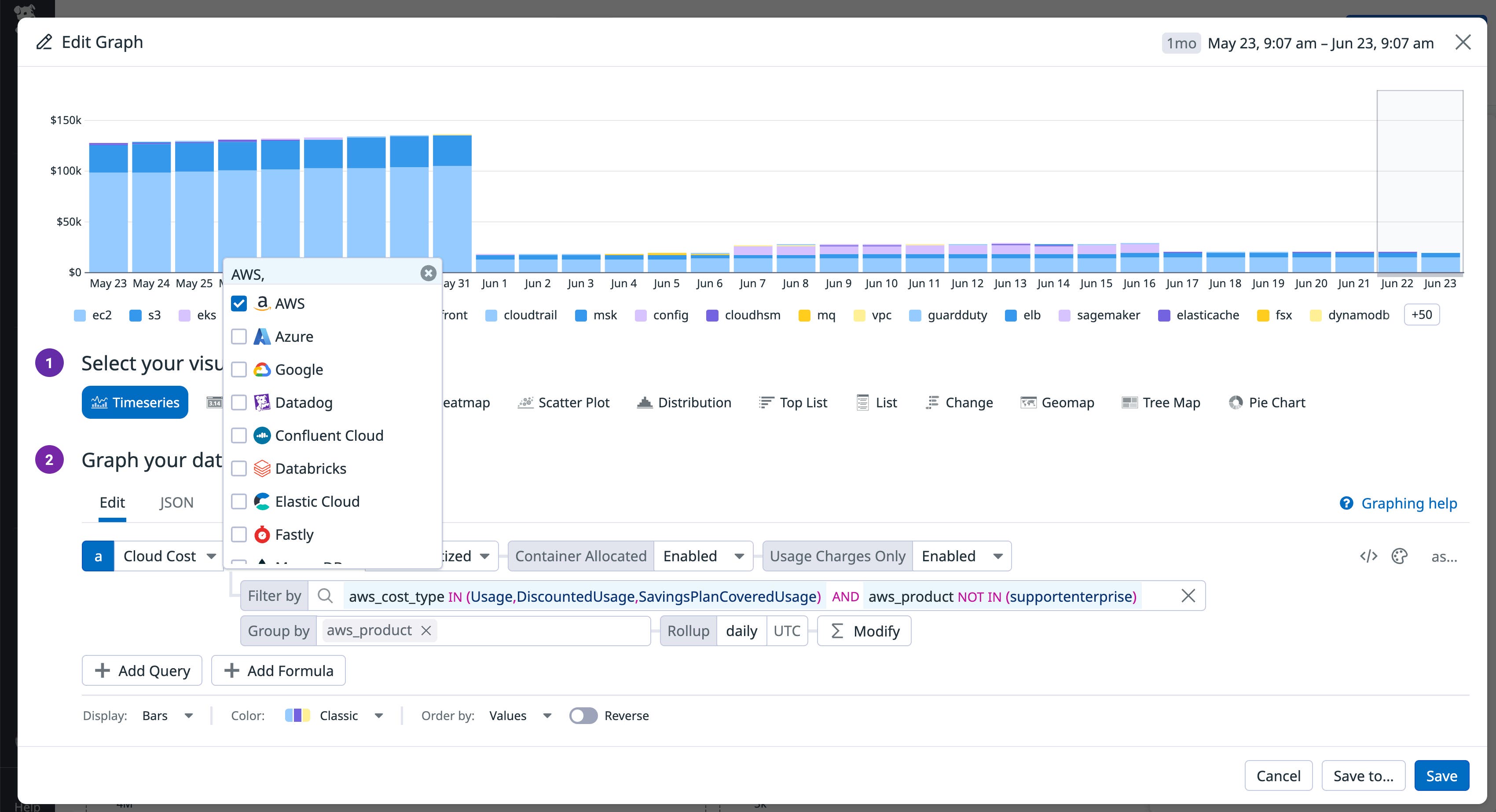 Bar chart in the Datadog Cloud Cost widget showing daily cloud costs by provider over time, with filtering options by provider and region. Bar chart in the Datadog Cloud Cost widget showing daily cloud costs by provider over time, with filtering options by provider and region.