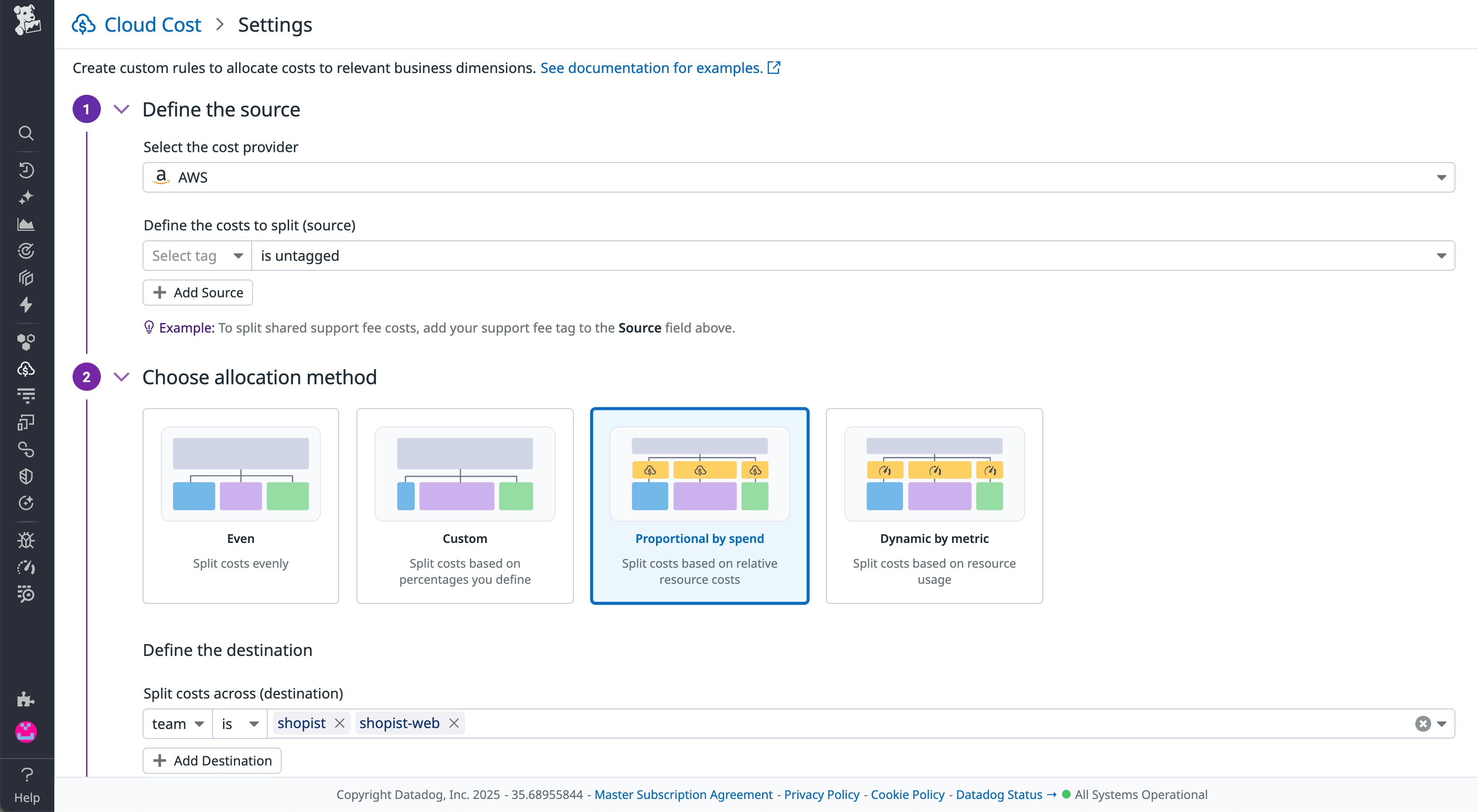 Datadog Cloud Cost Management interface showing configuration options for custom allocation rules, including allocation by team, custom rules, and proportional spend.