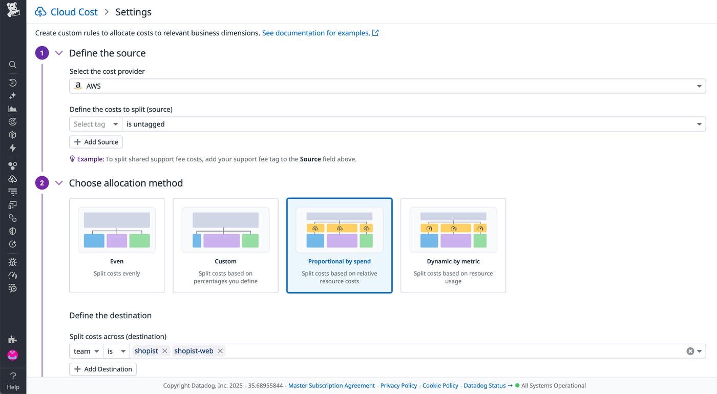 Datadog Cloud Cost Management interface showing configuration options for custom allocation rules, including allocation by team, custom rules, and proportional spend. Datadog Cloud Cost Management interface showing configuration options for custom allocation rules, including allocation by team, custom rules, and proportional spend.