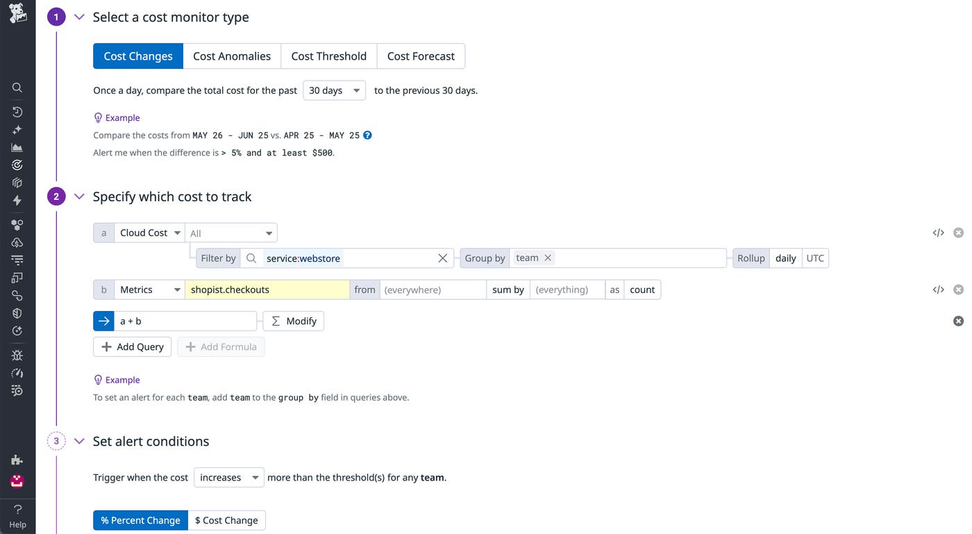 Cost Monitor configuration in CCM, filtering by a webstore service and setting cost change alert conditions over a 30-day window. Cost Monitor configuration in CCM, filtering by a webstore service and setting cost change alert conditions over a 30-day window.