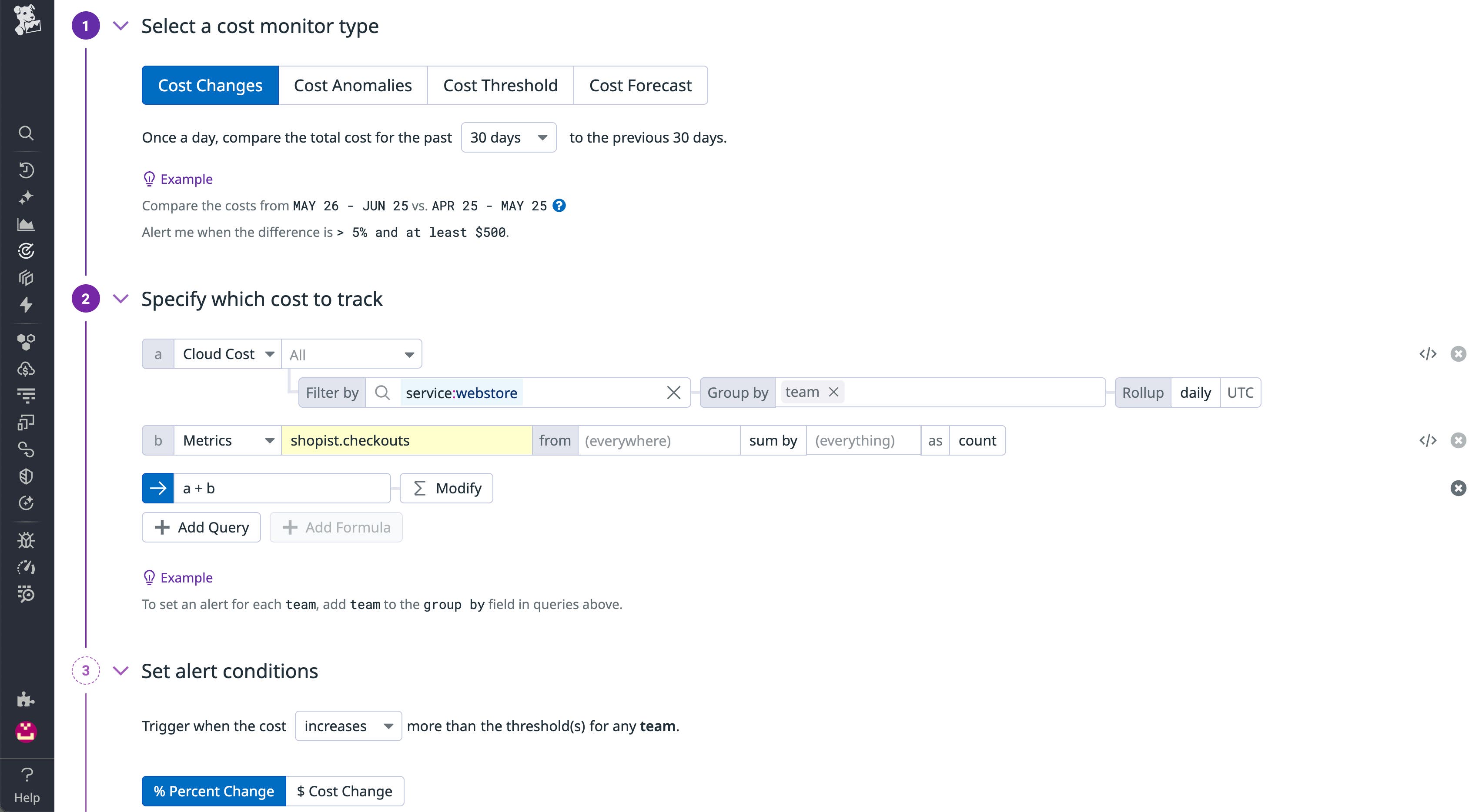 Cost Monitor configuration in CCM, filtering by a webstore service and setting cost change alert conditions over a 30-day window. Cost Monitor configuration in CCM, filtering by a webstore service and setting cost change alert conditions over a 30-day window.