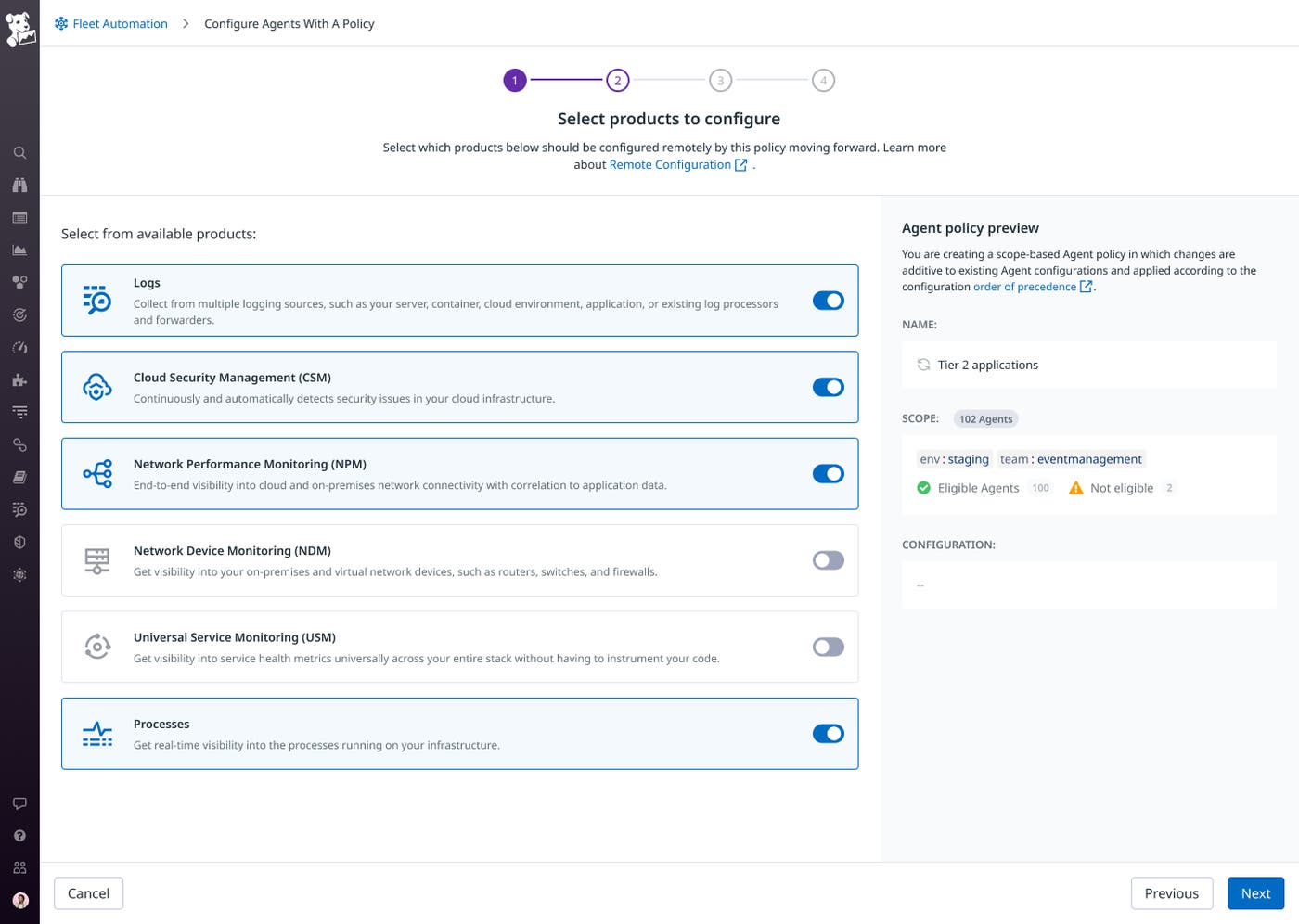 Enabling Datadog products via a policy. Enabling Datadog products via a policy.