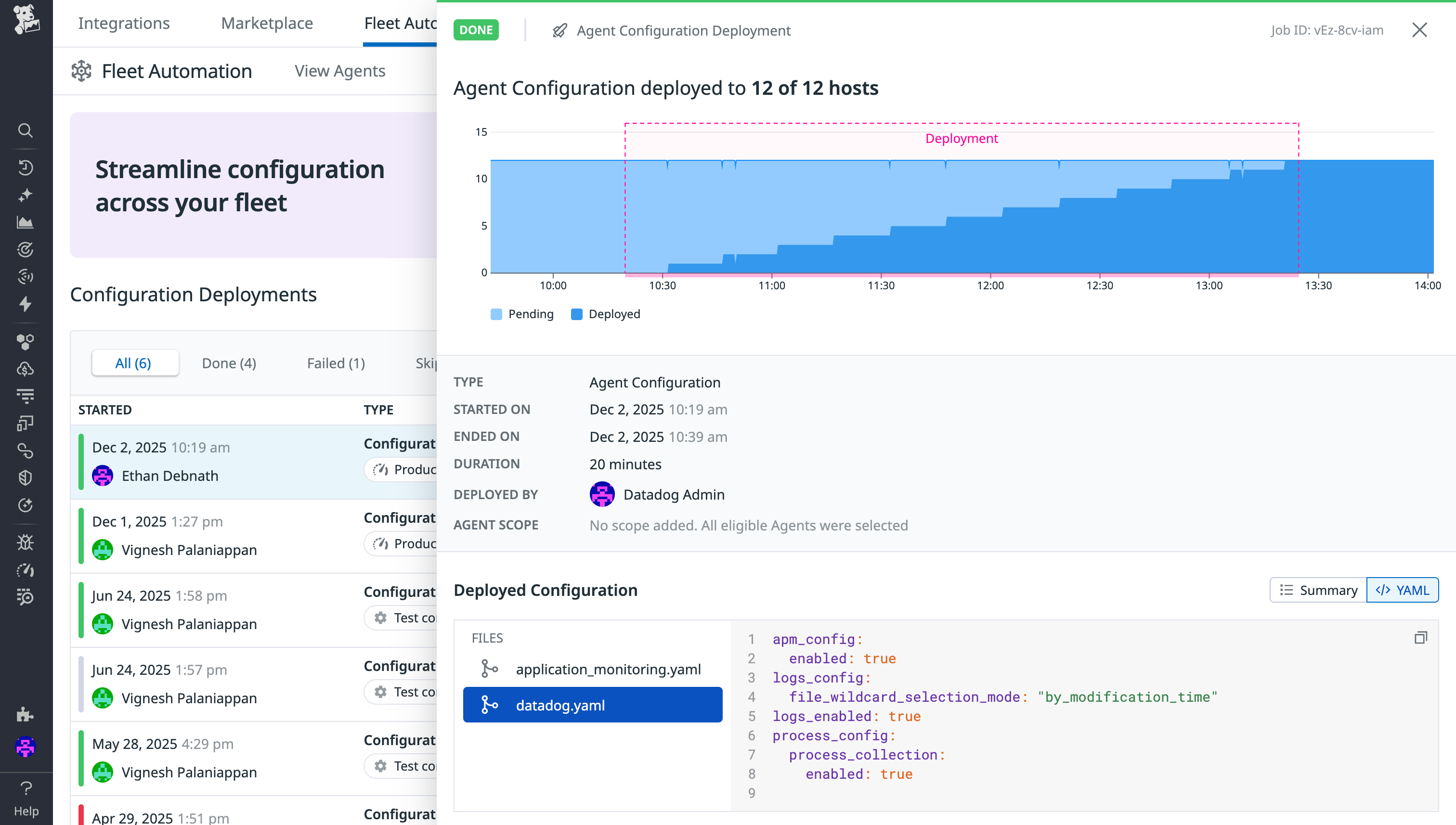 Screenshot of a side panel in Fleet Automation that shows a completed Datadog Agent configuration deployment and a chart of deployment progress over time.