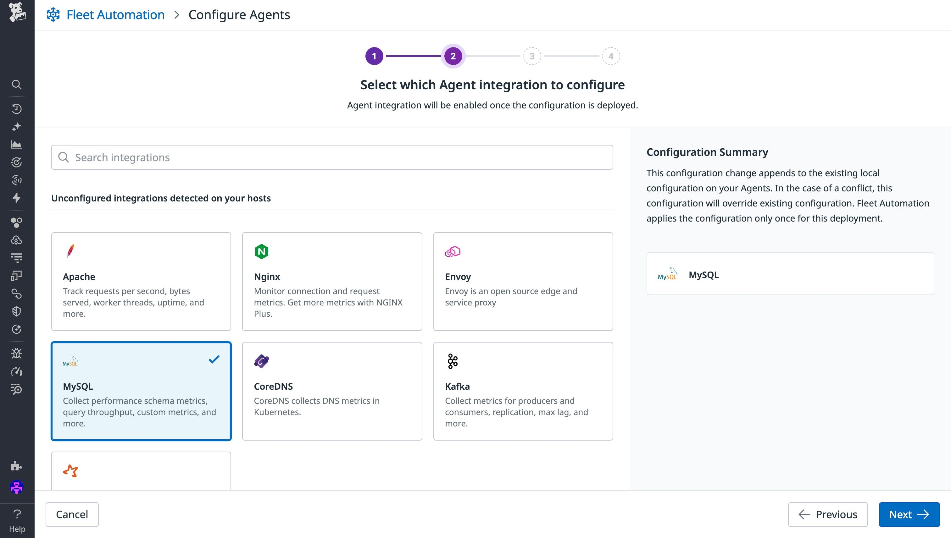 Screenshot of the Fleet Automation editor that shows unconfigured integrations detected on hosts. The user has selected to configure the MySQL integration.