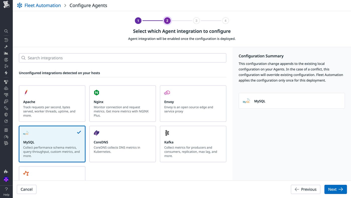 Screenshot of the Fleet Automation editor that shows unconfigured integrations detected on hosts. The user has selected to configure the MySQL integration. Screenshot of the Fleet Automation editor that shows unconfigured integrations detected on hosts. The user has selected to configure the MySQL integration.
