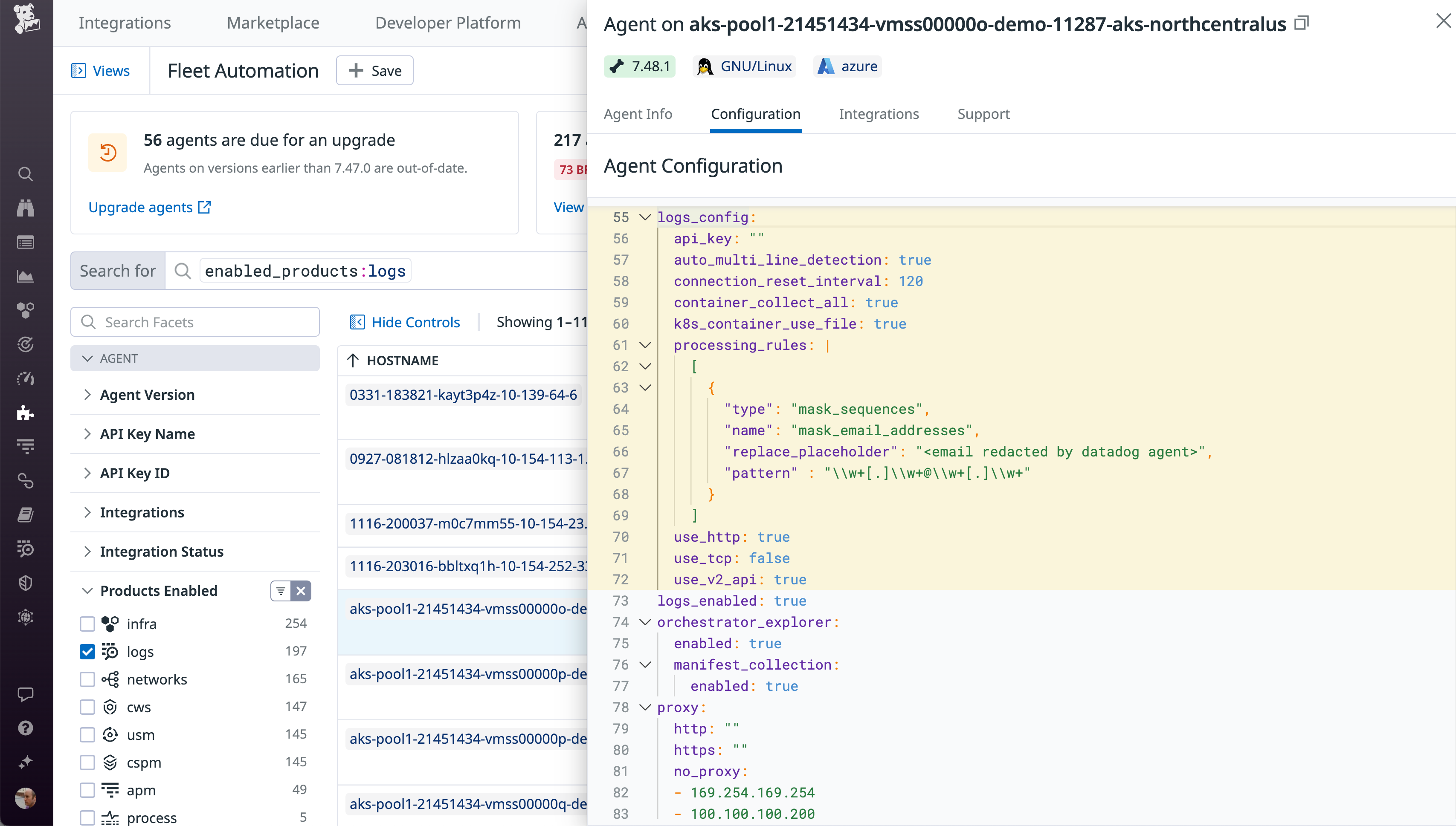 The Fleet Automation view shows a host's YAML configuration. The logs configuration section contains an empty API key.