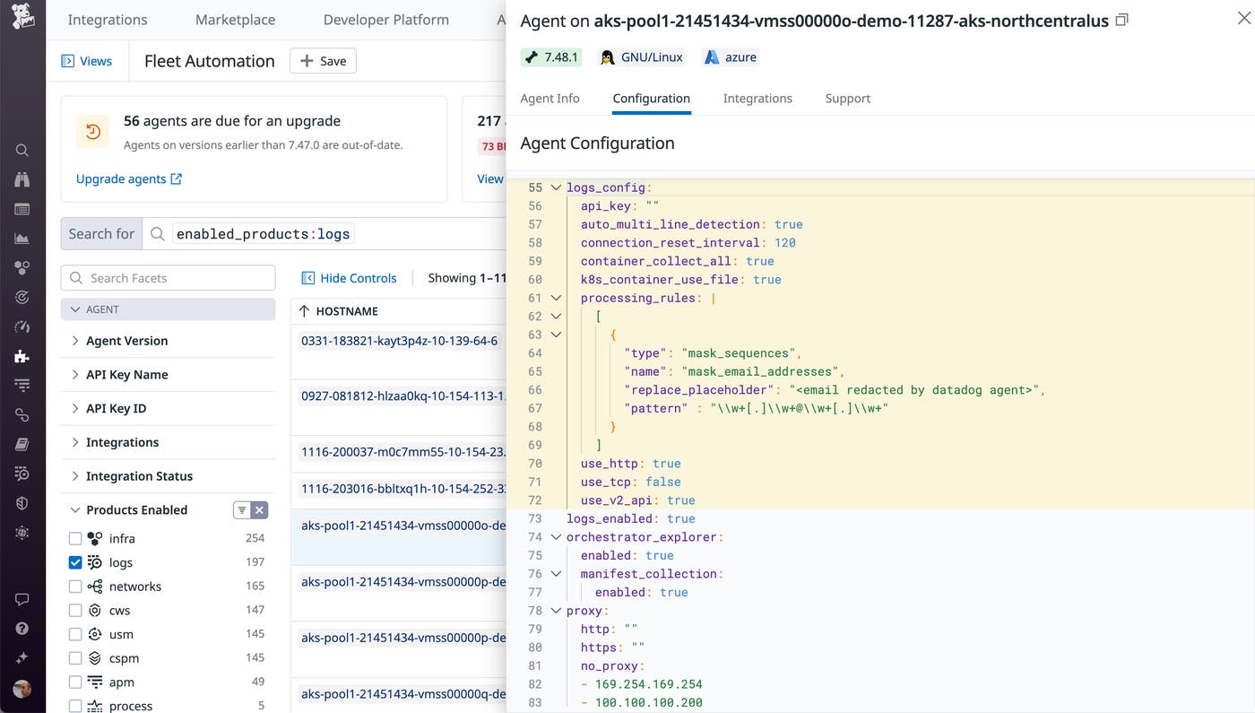 The Fleet Automation view shows a host's YAML configuration. The logs configuration section contains an empty API key. The Fleet Automation view shows a host's YAML configuration. The logs configuration section contains an empty API key.