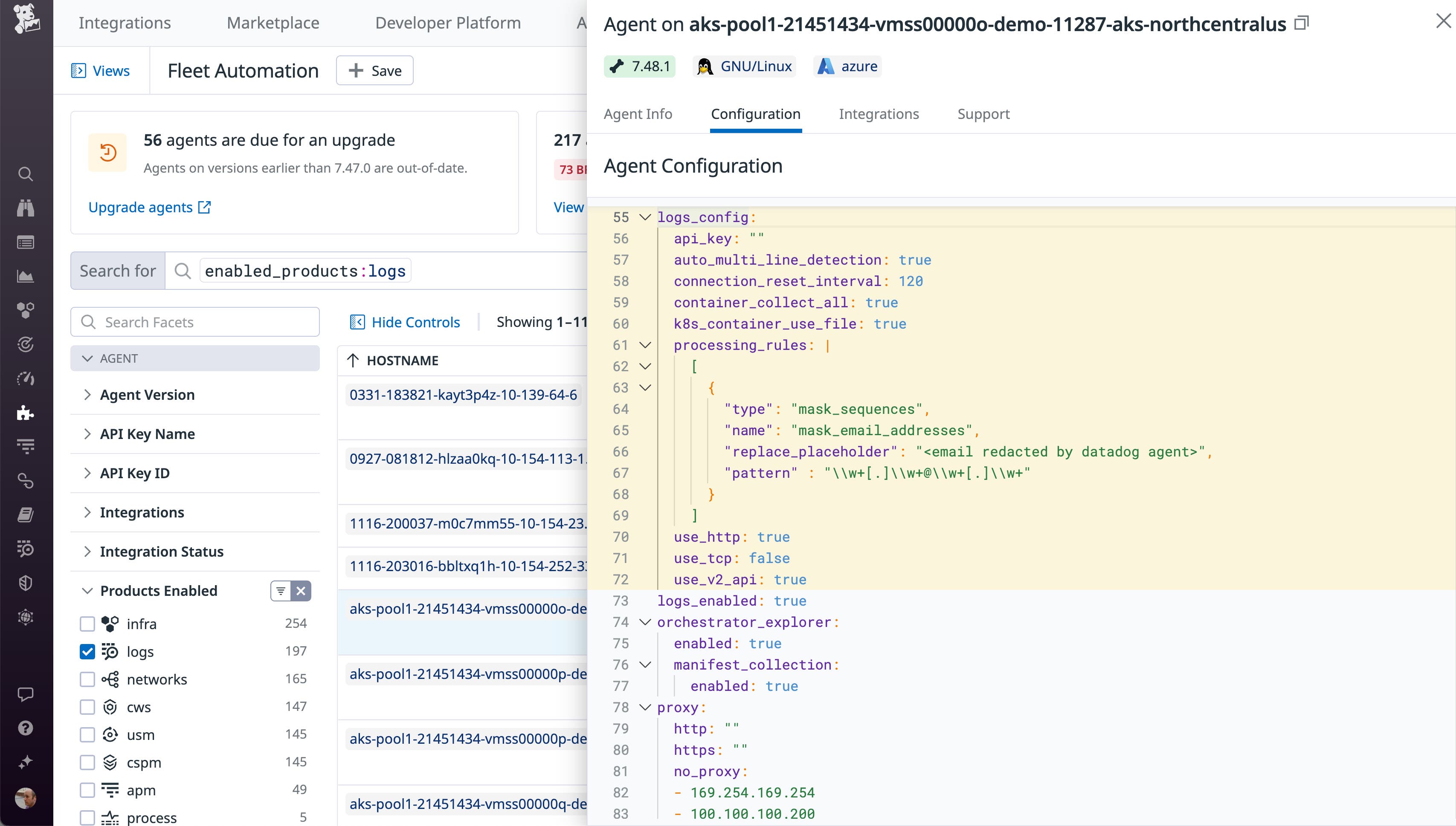 The Fleet Automation view shows a host's YAML configuration. The logs configuration section contains an empty API key. The Fleet Automation view shows a host's YAML configuration. The logs configuration section contains an empty API key.