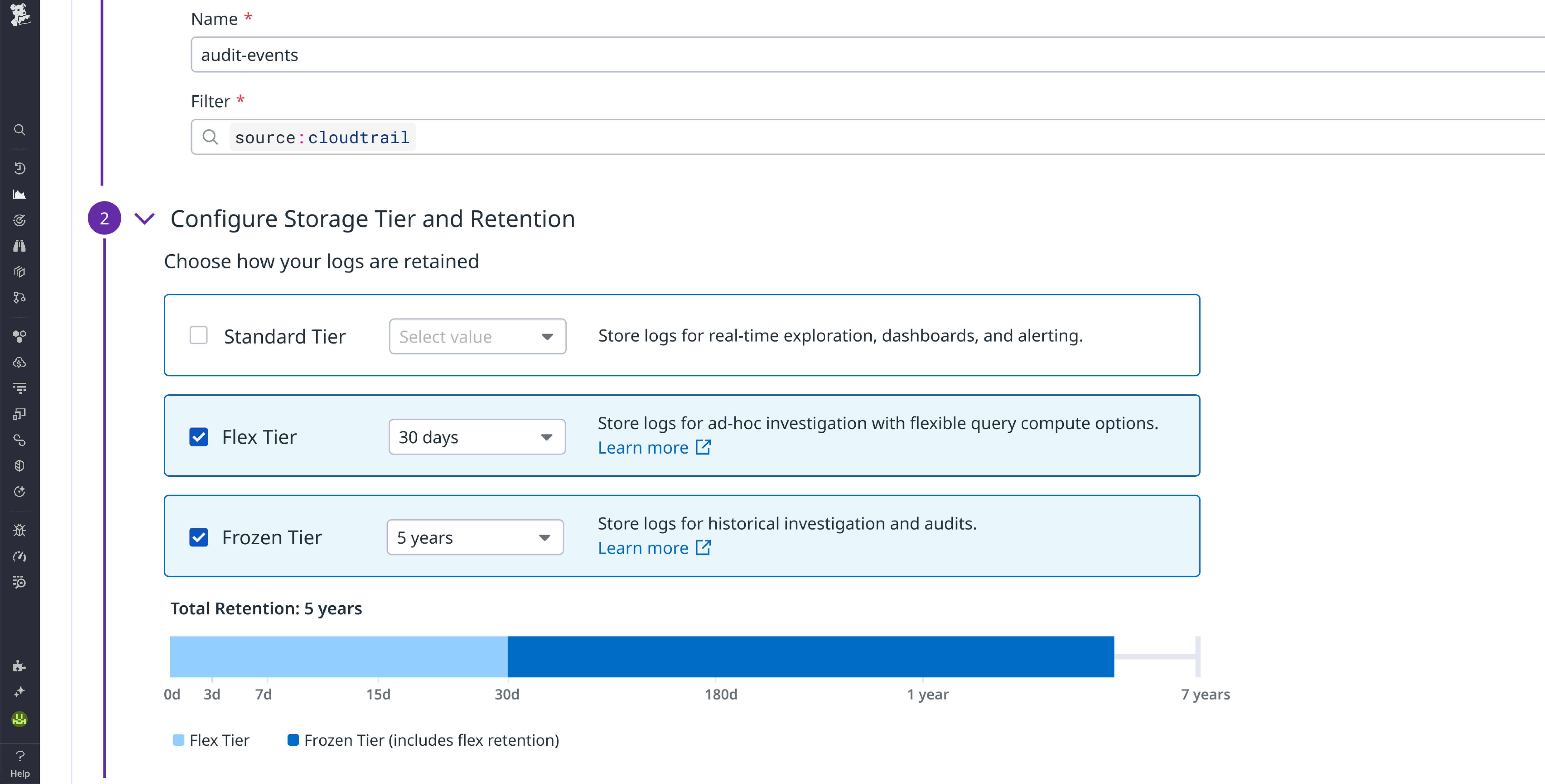 Configuring Flex and Flex Frozen storage tiers for user activity logs.
